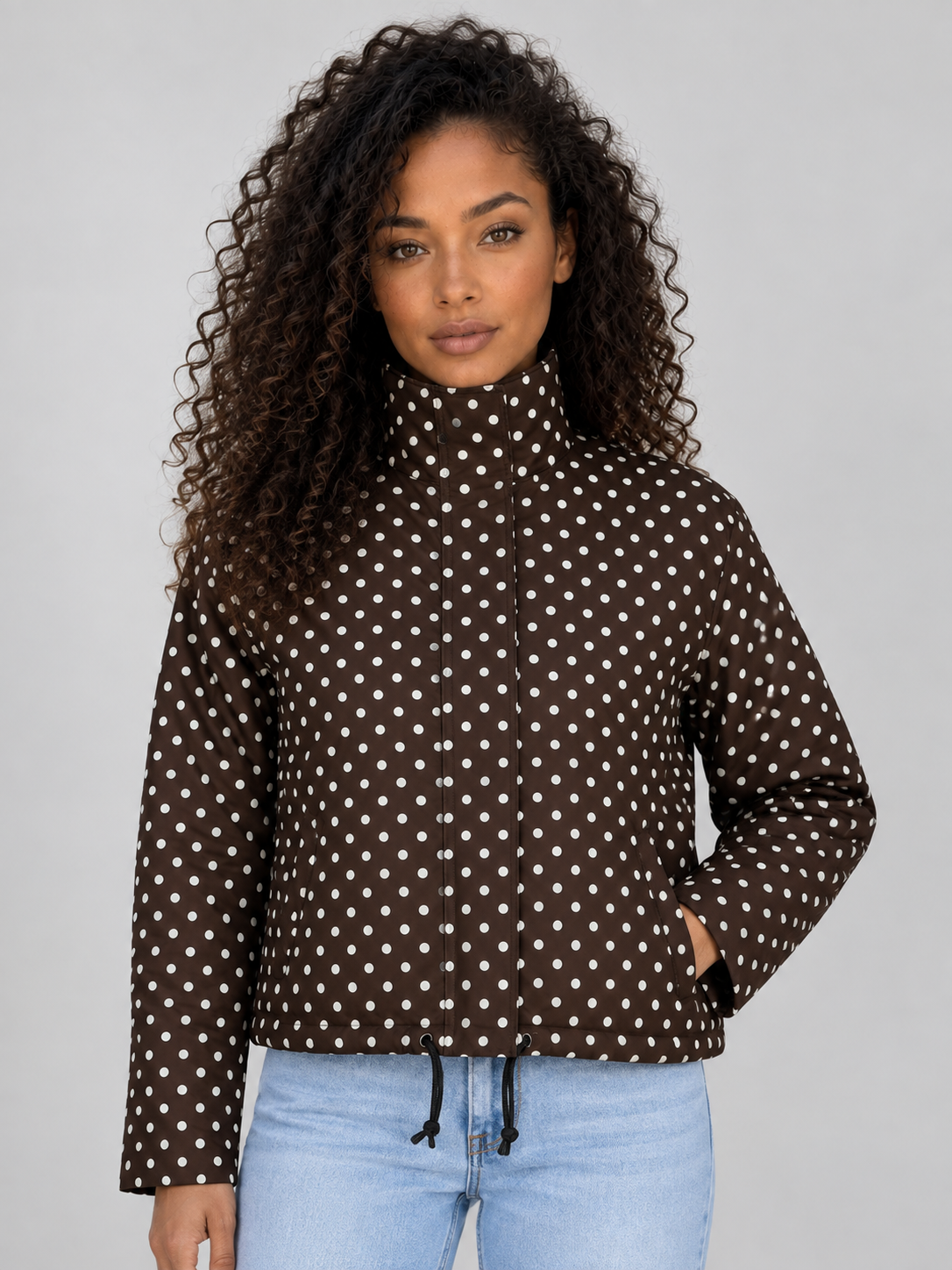 Giacca Donna Corta a Pois con Zip Collo Alto e Coulisse