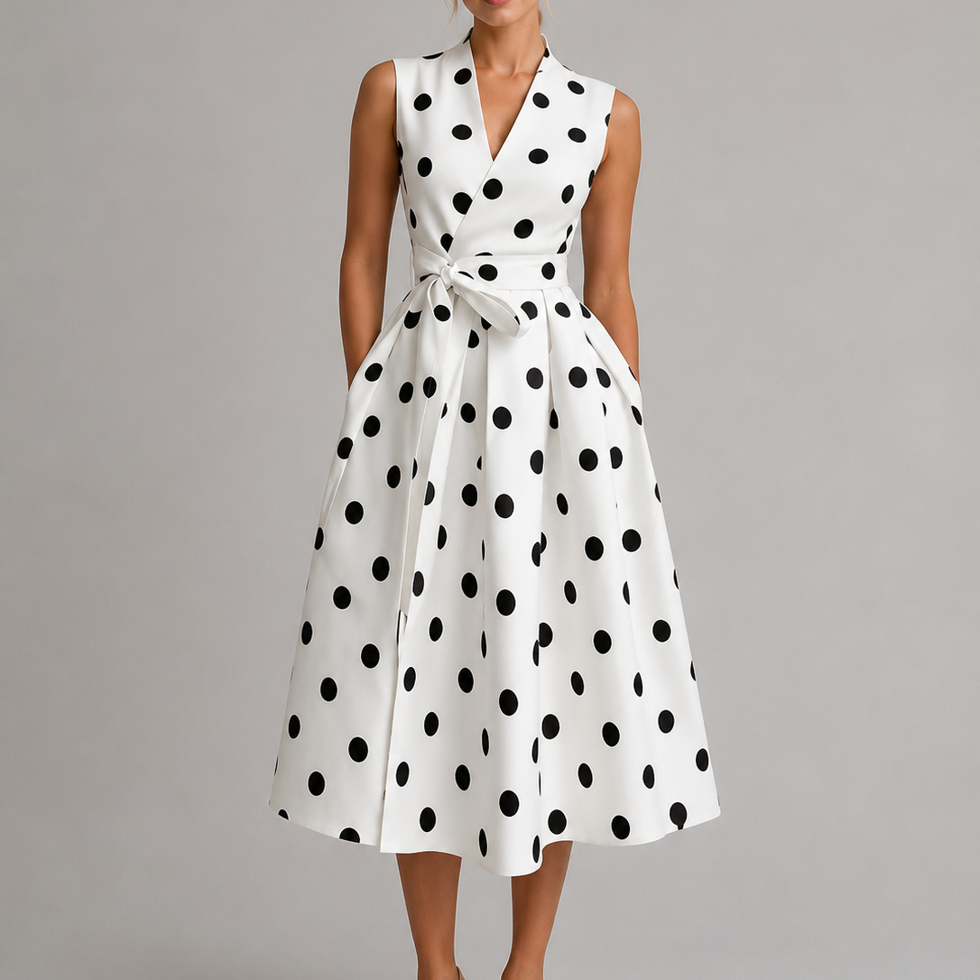 Abito Midi Donna a Pois Smanicato Scollo a V Vintage