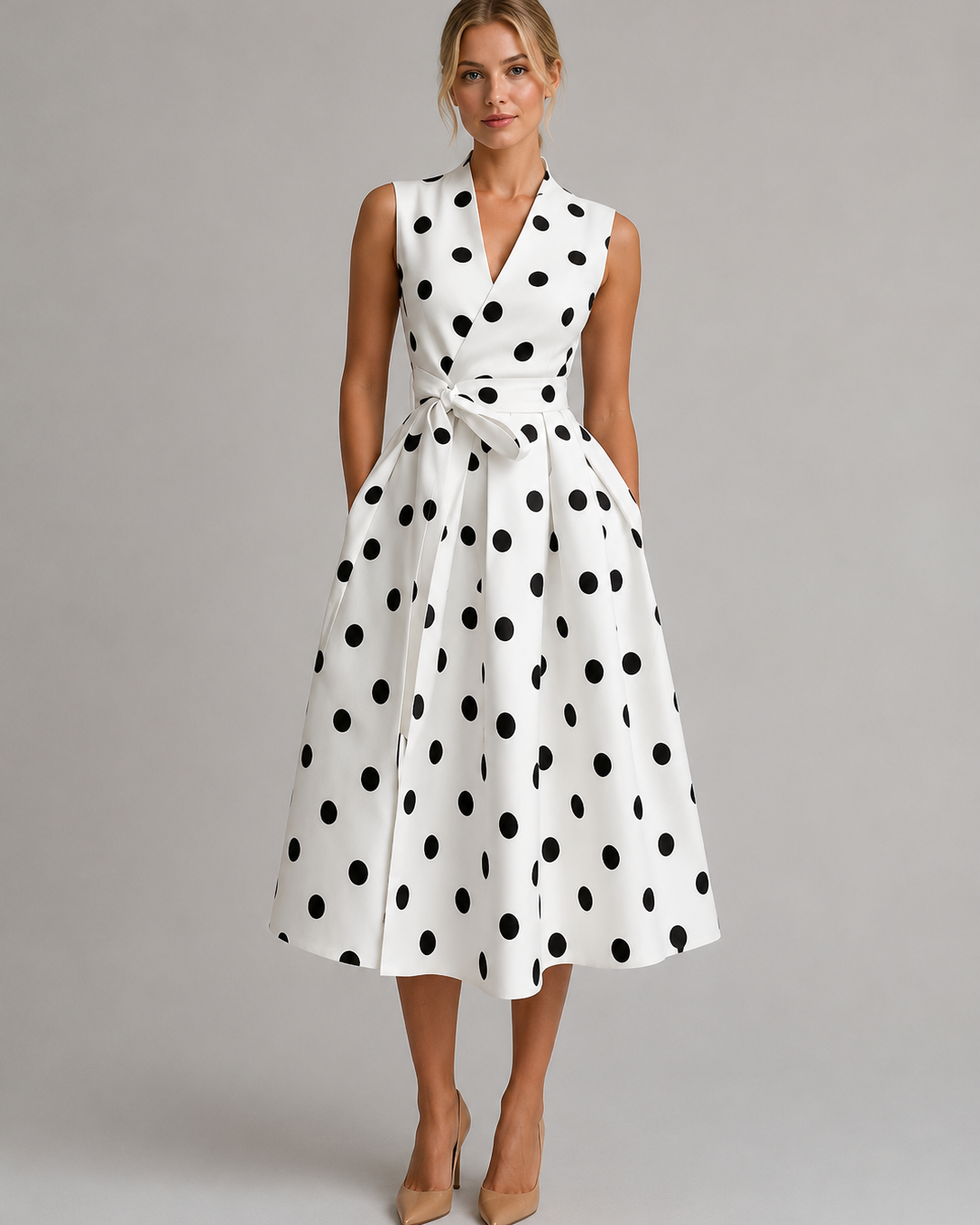 Abito Midi Donna a Pois Smanicato Scollo a V Vintage