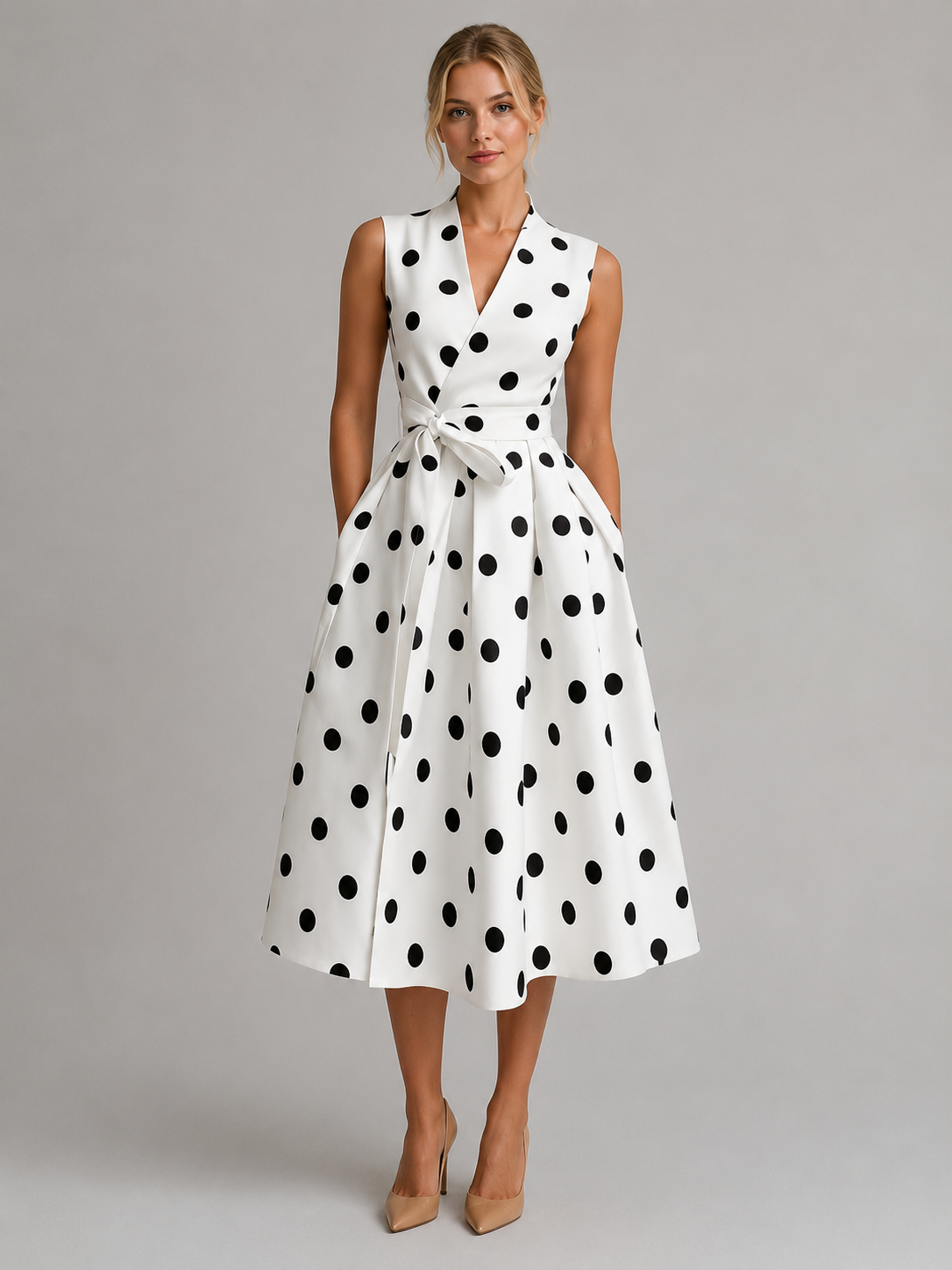 Abito Midi Donna a Pois Smanicato Scollo a V Vintage