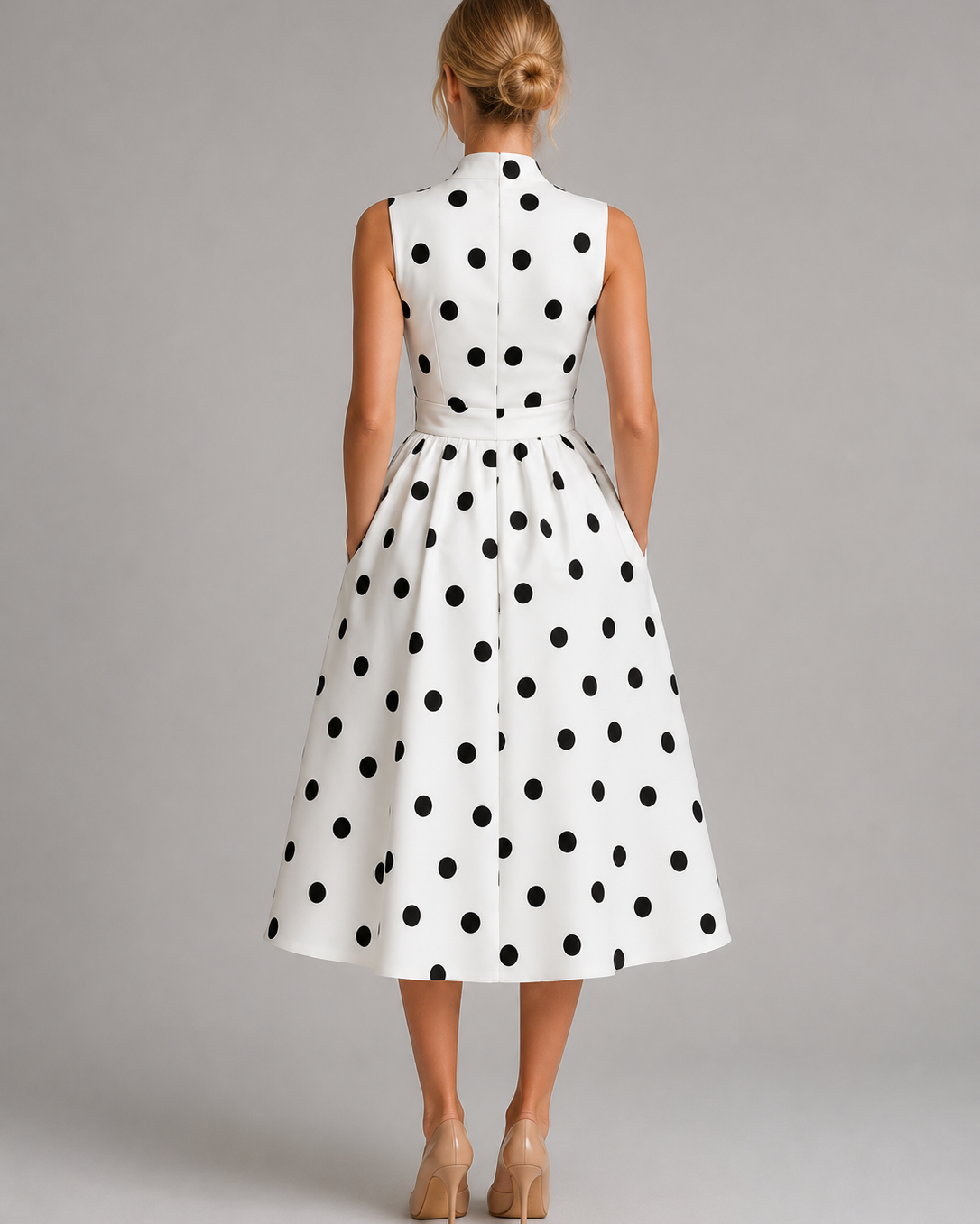Abito Midi Donna a Pois Smanicato Scollo a V Vintage