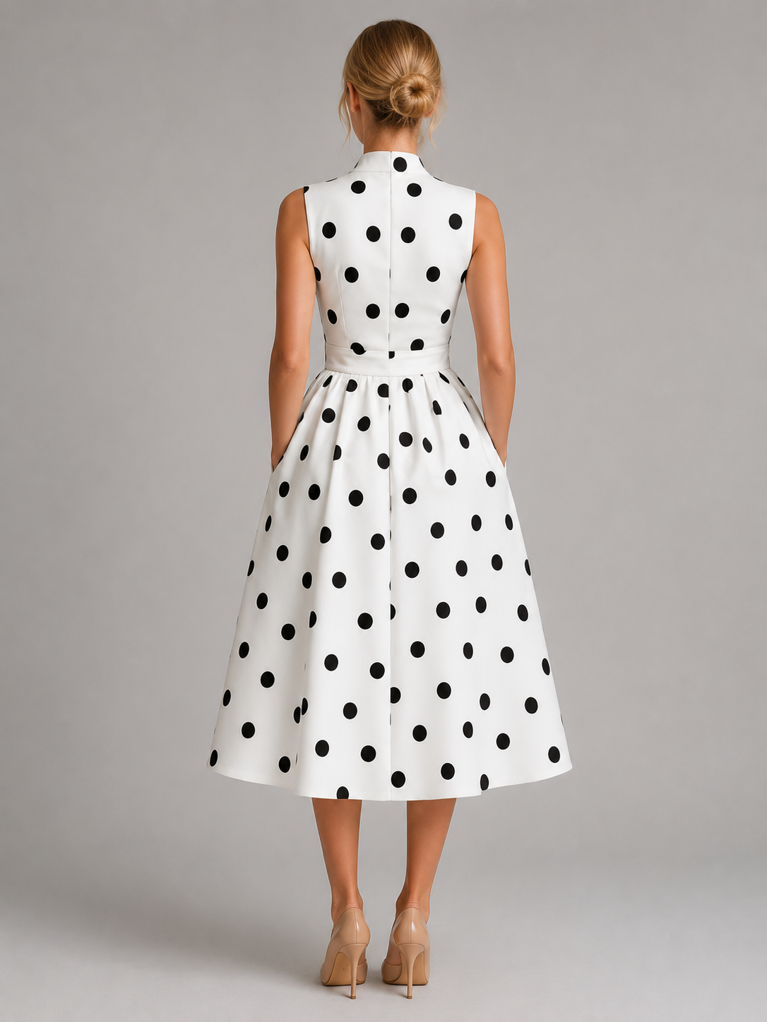 Abito Midi Donna a Pois Smanicato Scollo a V Vintage