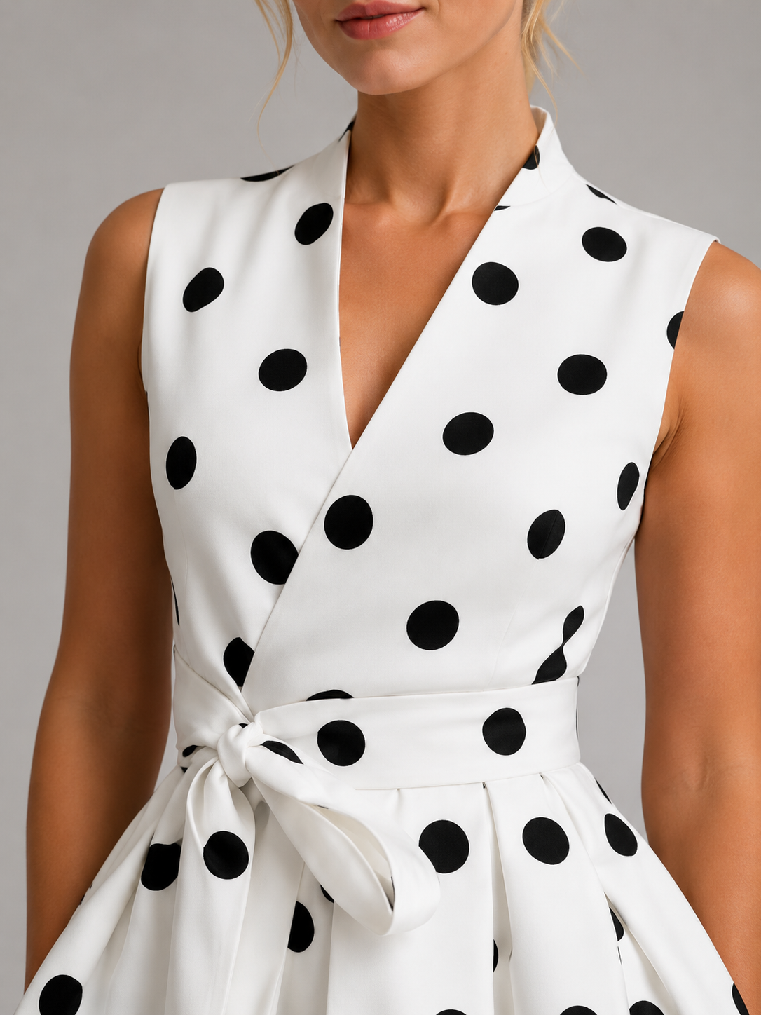 Abito Midi Donna a Pois Smanicato Scollo a V Vintage
