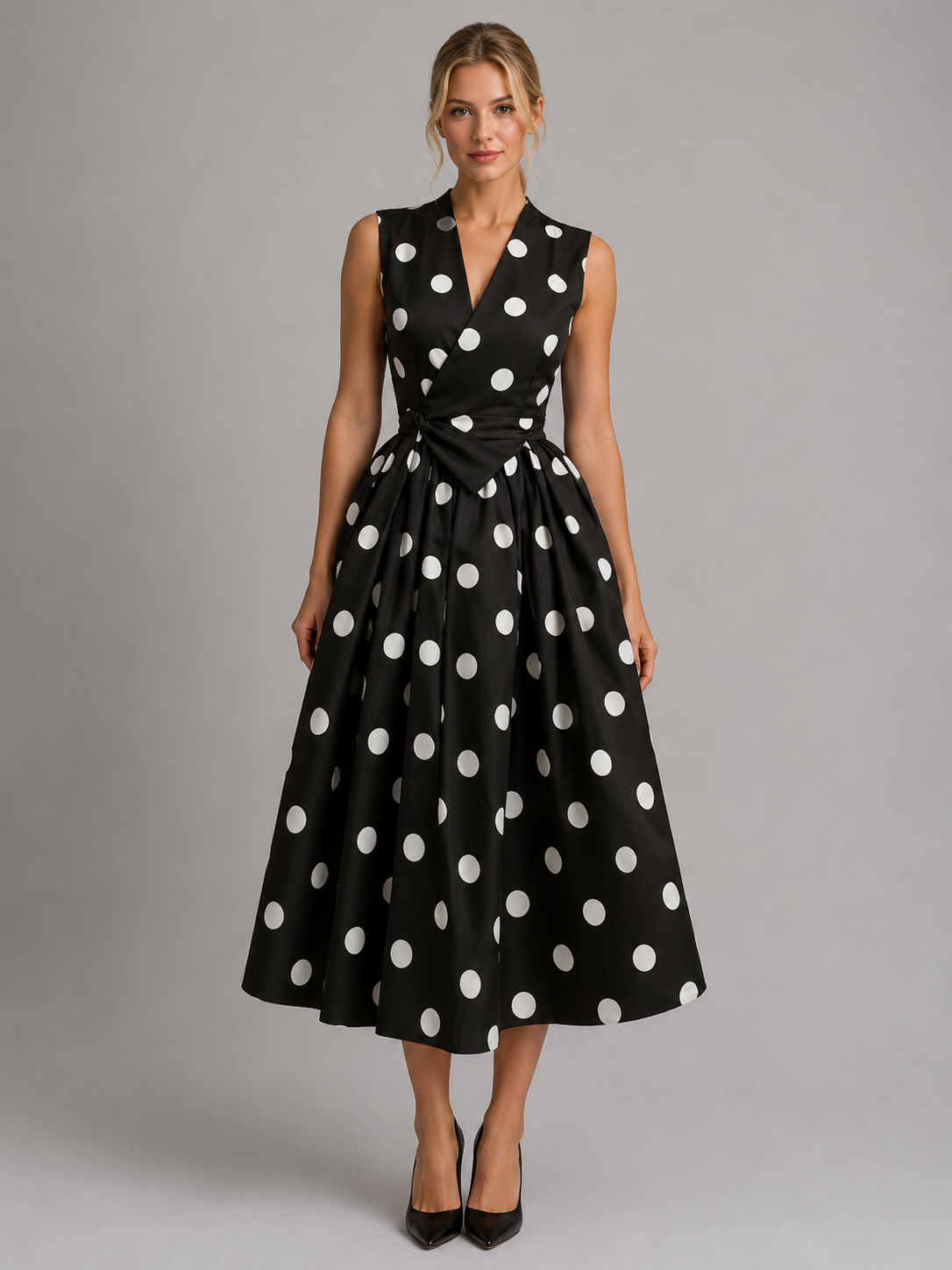 Abito Midi Donna a Pois Smanicato Scollo a V Vintage