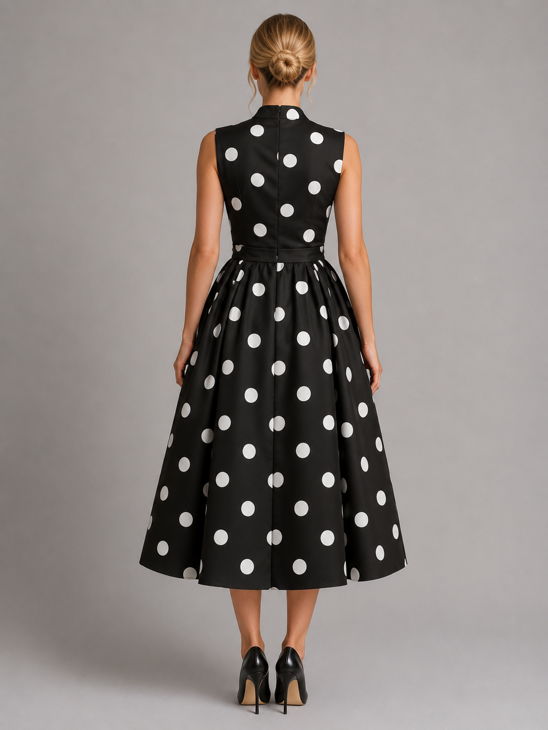 Abito Midi Donna a Pois Smanicato Scollo a V Vintage