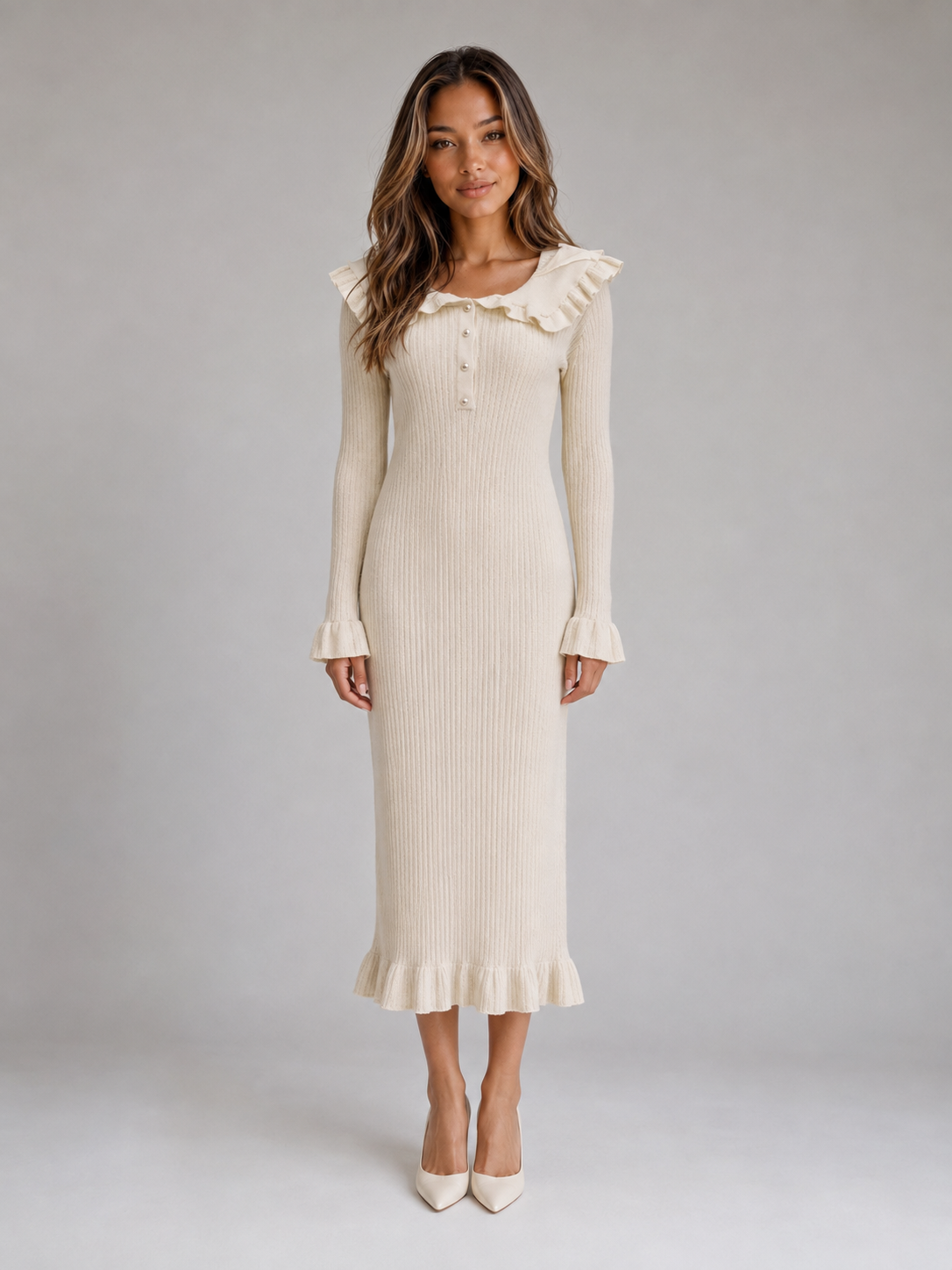 Abito Midi Donna in Maglia a Coste Collo con Volant