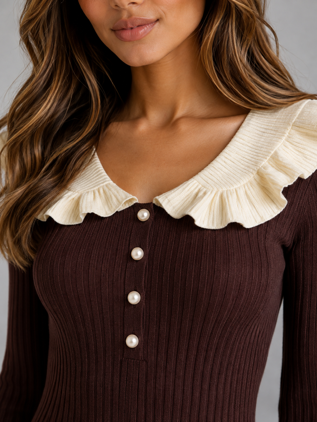 Abito Midi Donna in Maglia a Coste Collo con Volant