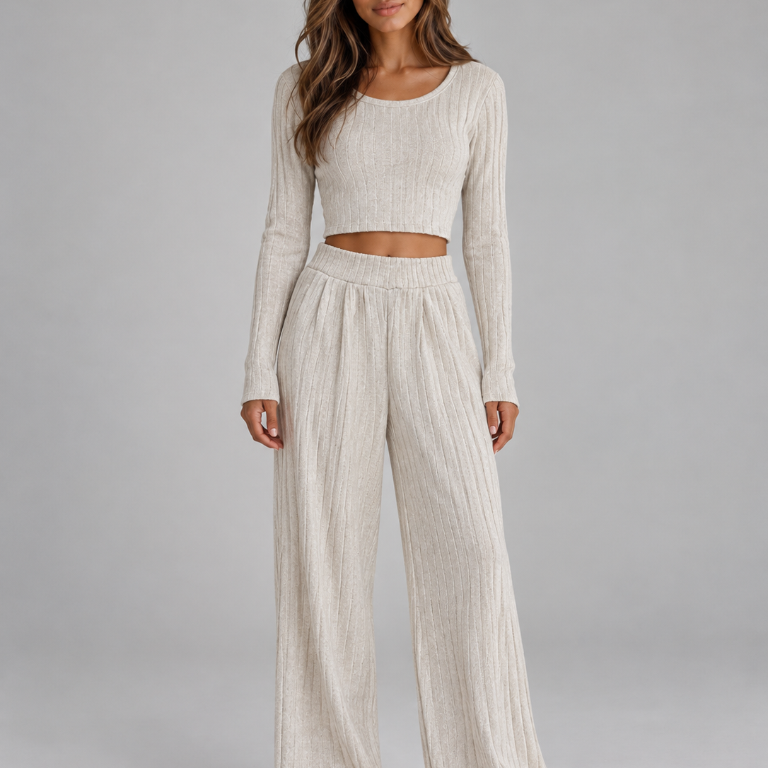 Completo Donna a Coste Top Corto Aderente e Pantaloni Gamba Ampia
