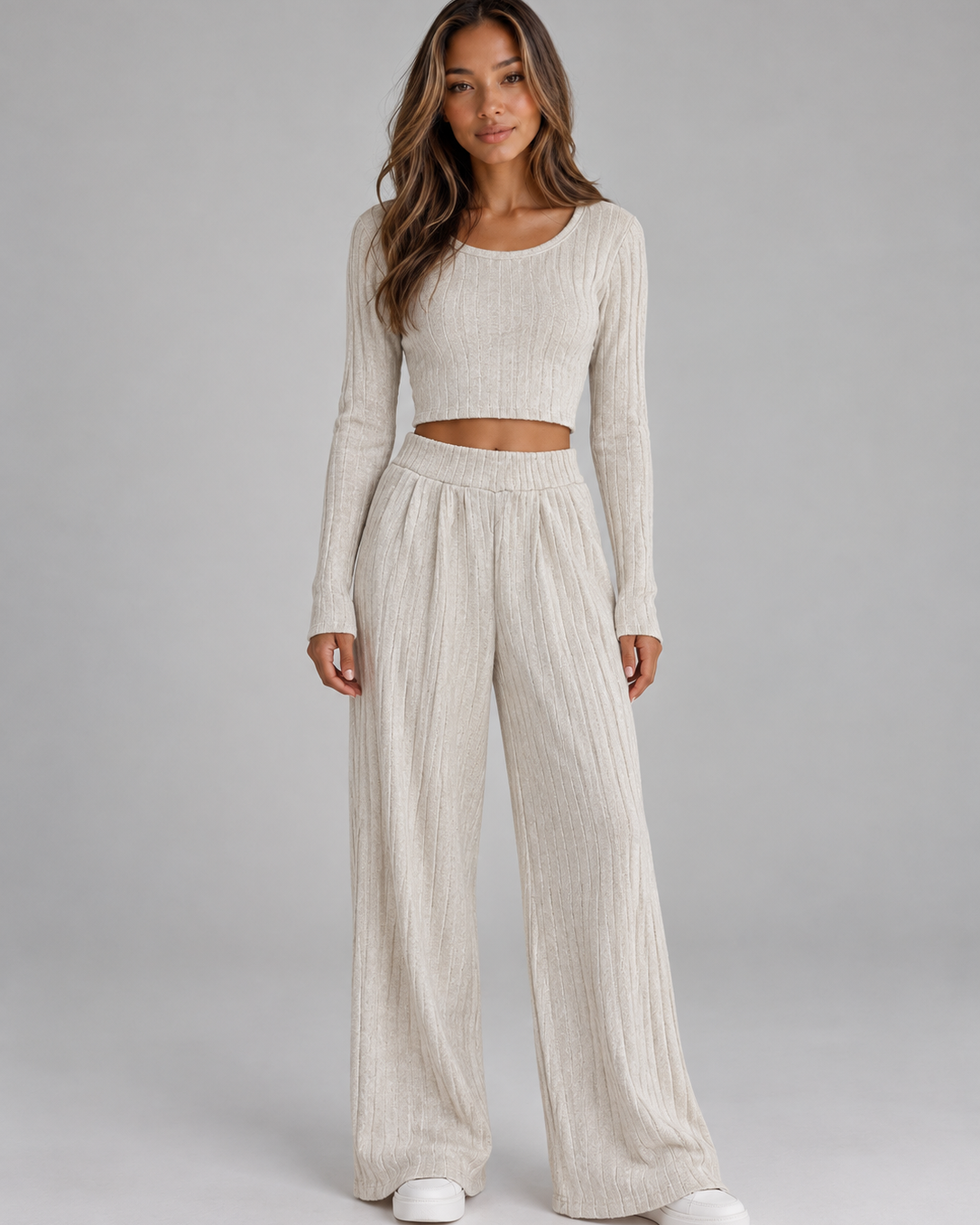 Completo Donna a Coste Top Corto Aderente e Pantaloni Gamba Ampia