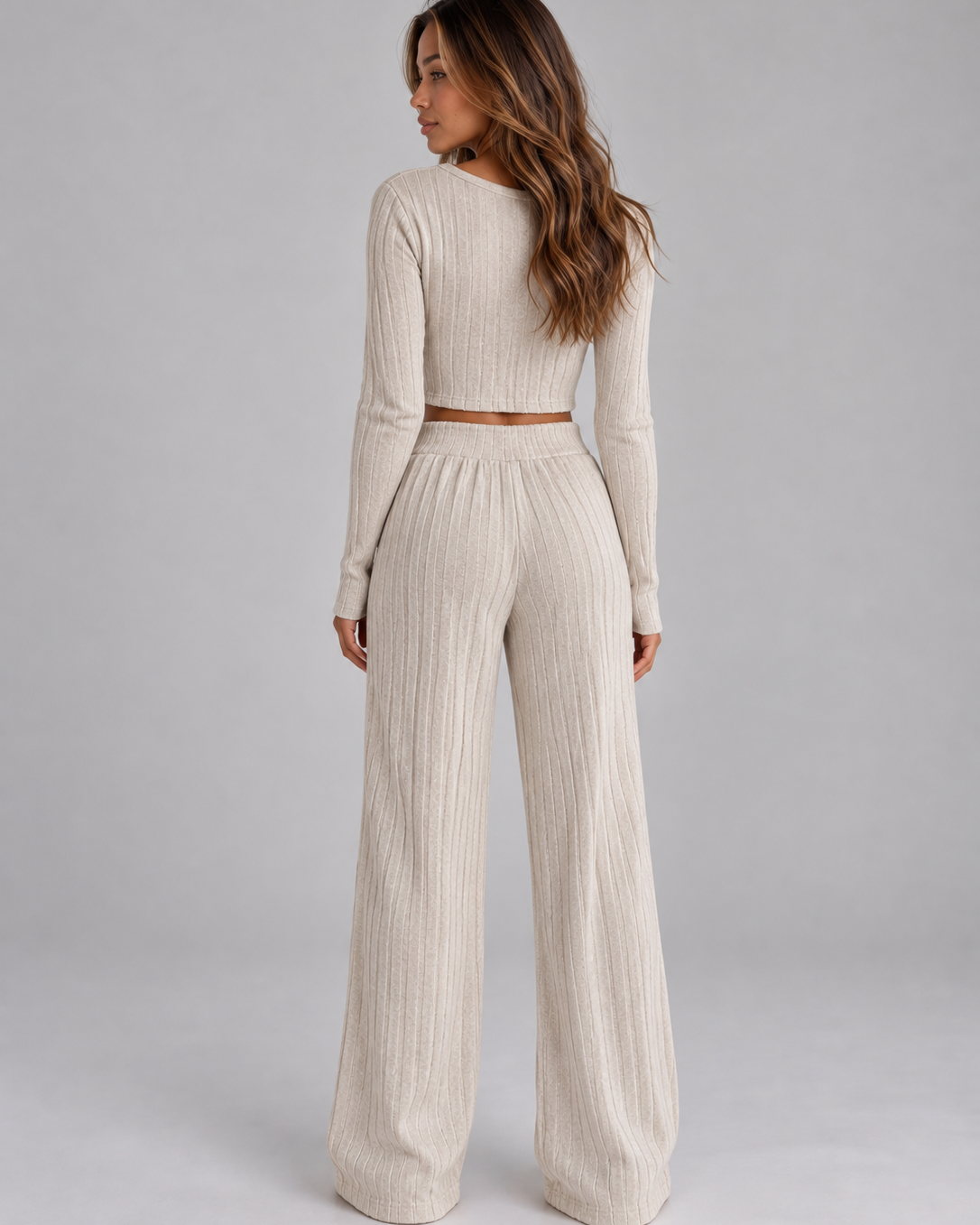 Completo Donna a Coste Top Corto Aderente e Pantaloni Gamba Ampia