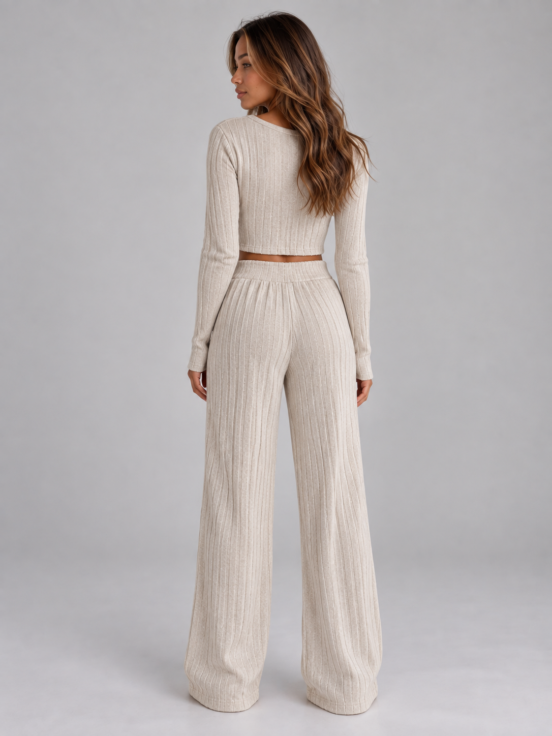 Completo Donna a Coste Top Corto Aderente e Pantaloni Gamba Ampia