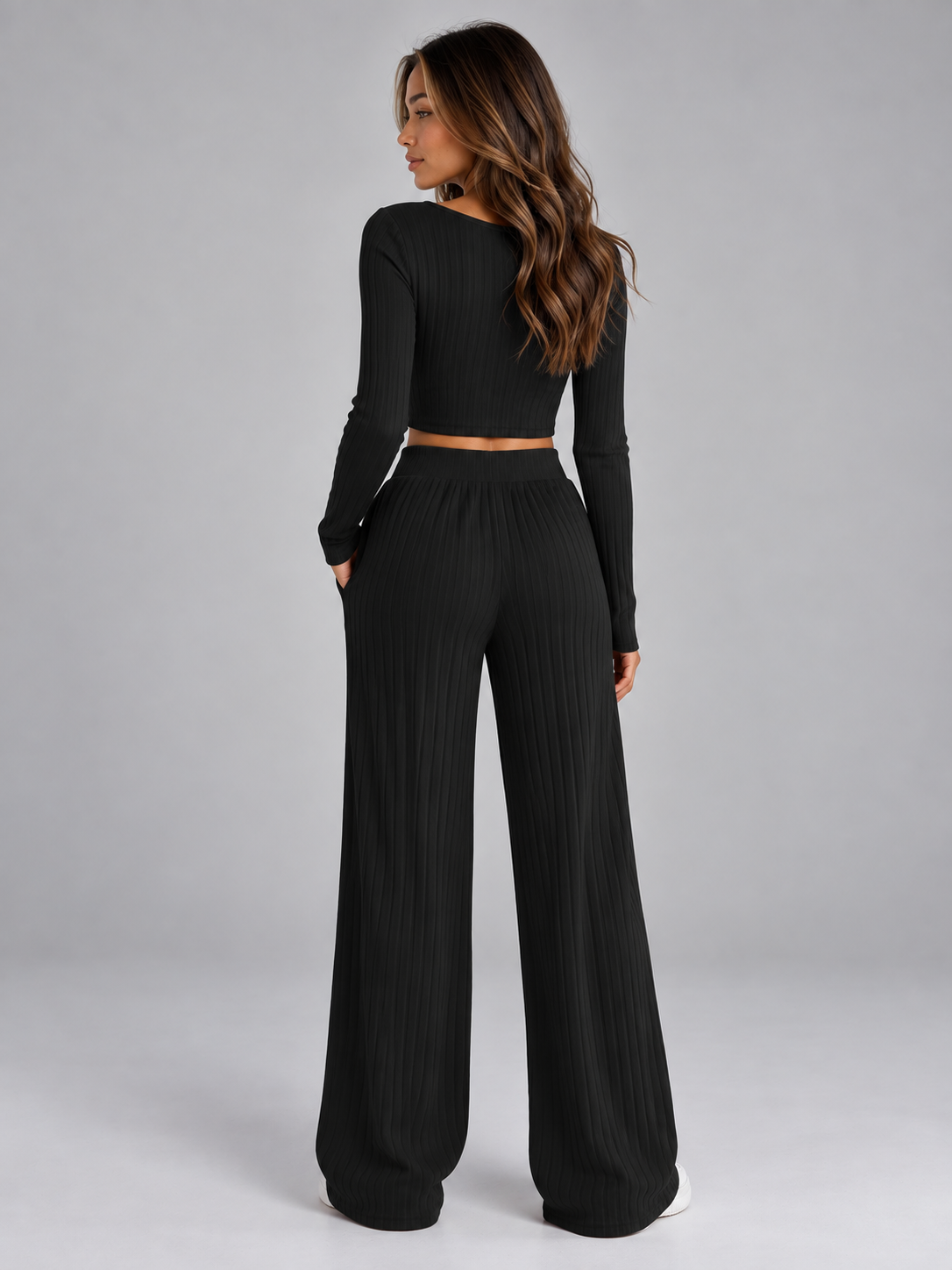 Completo Donna a Coste Top Corto Aderente e Pantaloni Gamba Ampia