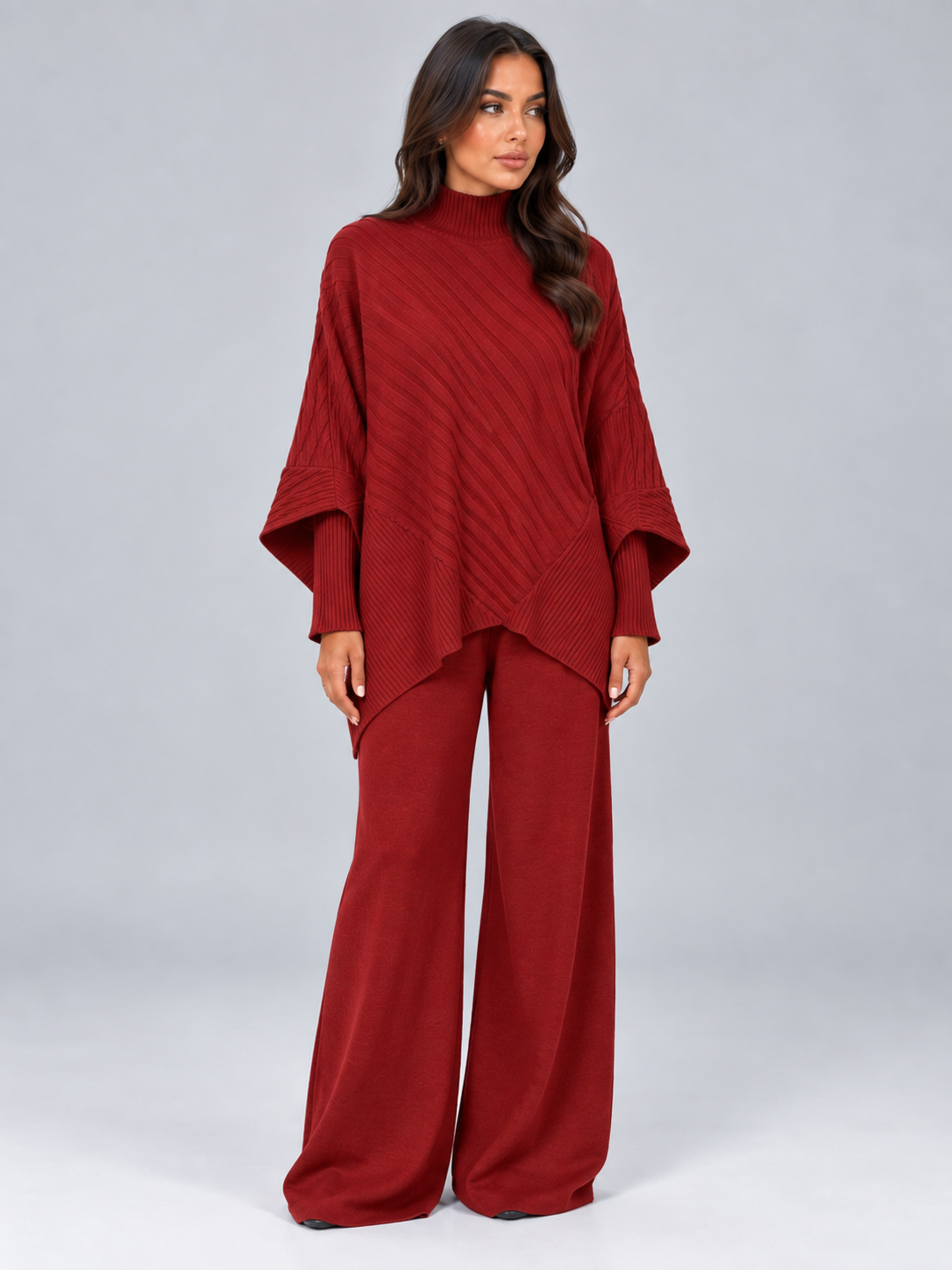 Completo Donna Maglia a Coste Maglione Asimmetrico e Pantaloni