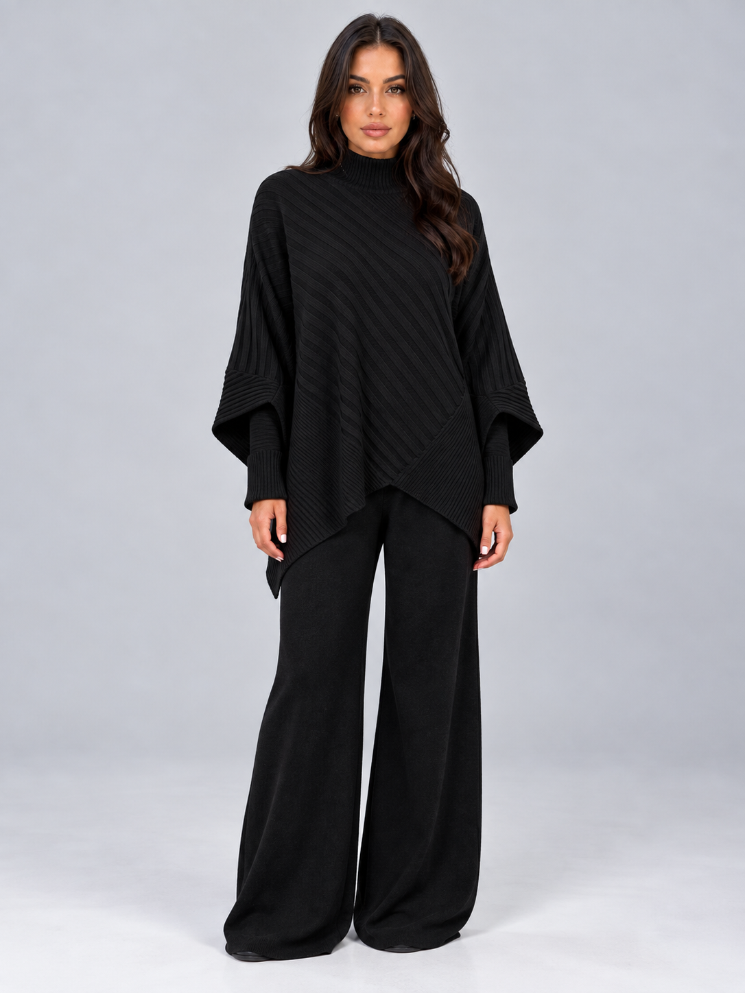 Completo Donna Maglia a Coste Maglione Asimmetrico e Pantaloni