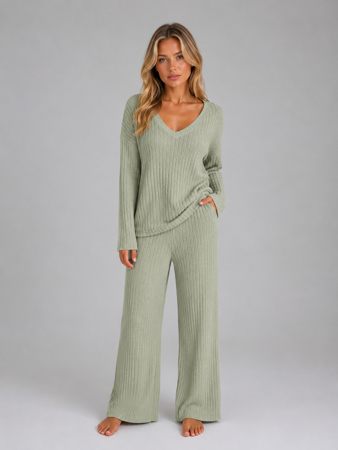 Completo Donna in Maglia a Coste Maglione Scollo V e Pantaloni