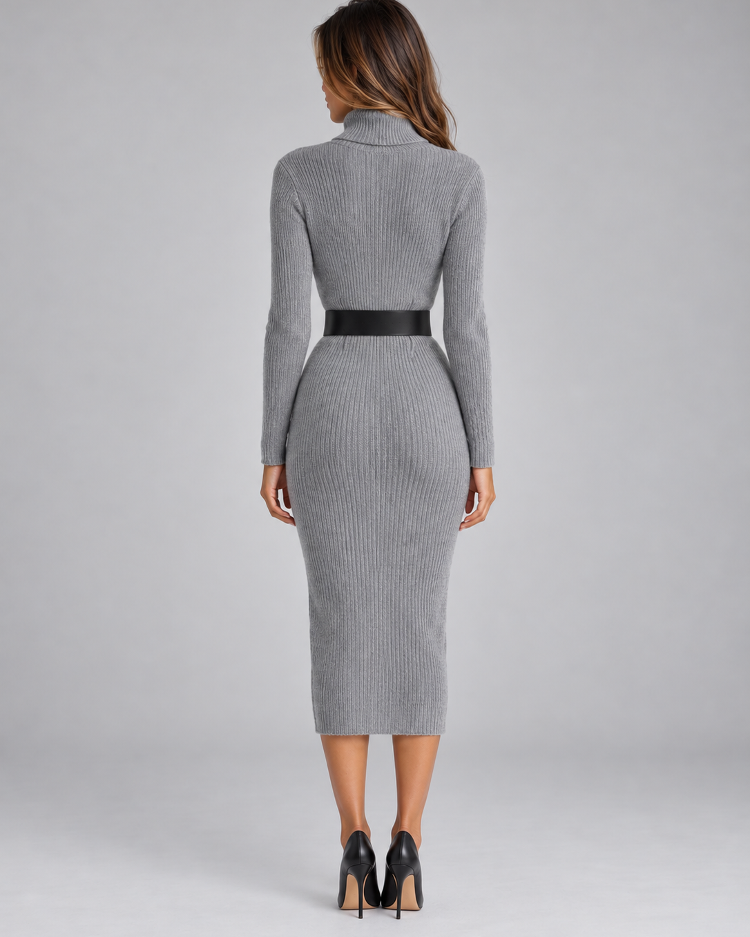 Abito Midi Donna in Maglia a Coste Dolcevita con Cintura