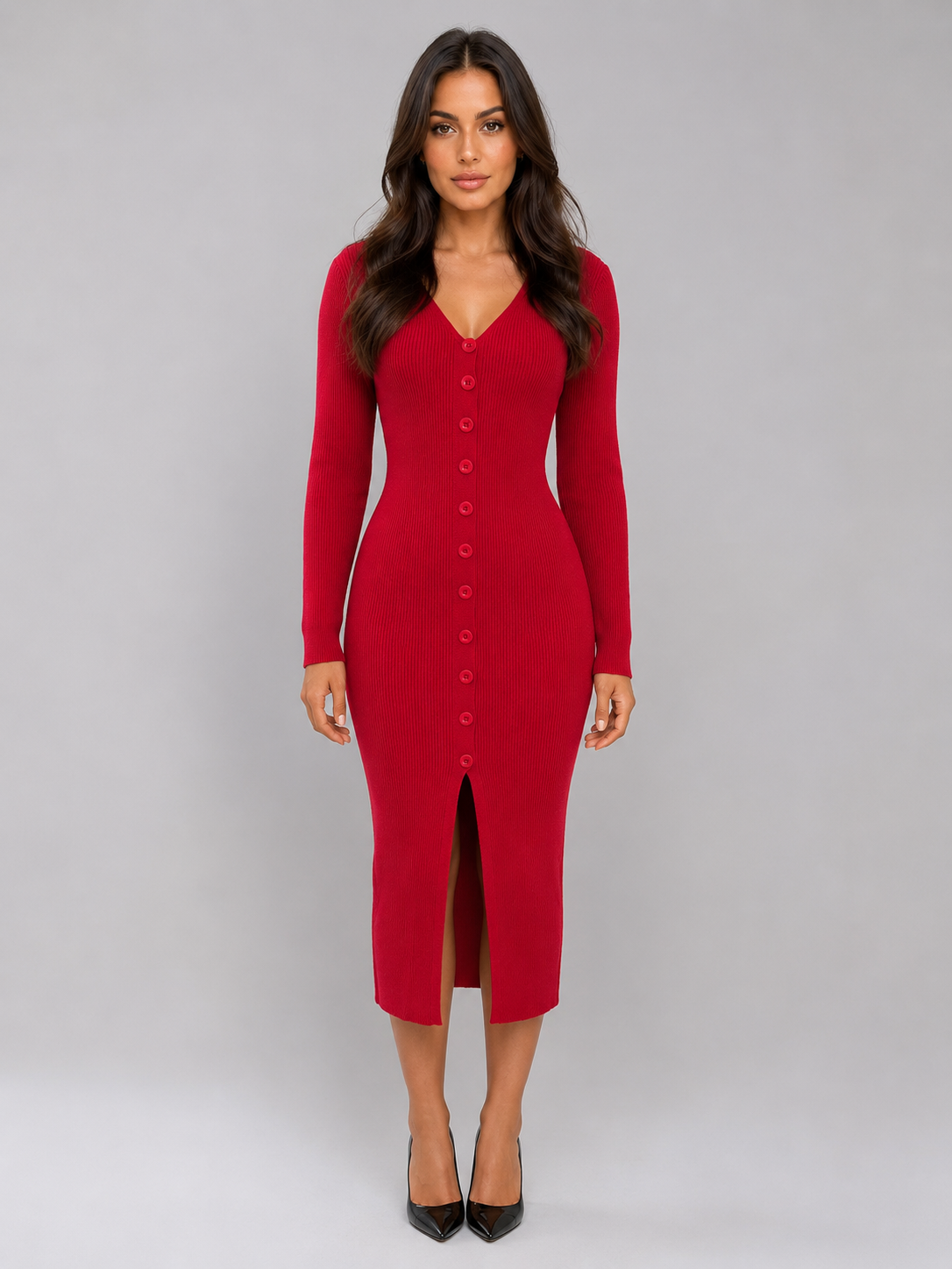 Abito Midi Donna in Maglia a Coste Scollo a V con Bottoni