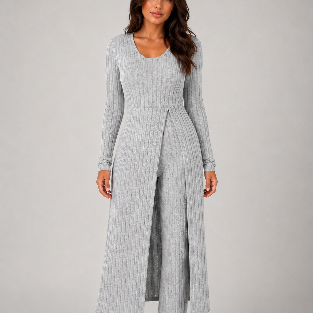 Completo Donna Lounge a Coste Top Sovrapposto e Leggings