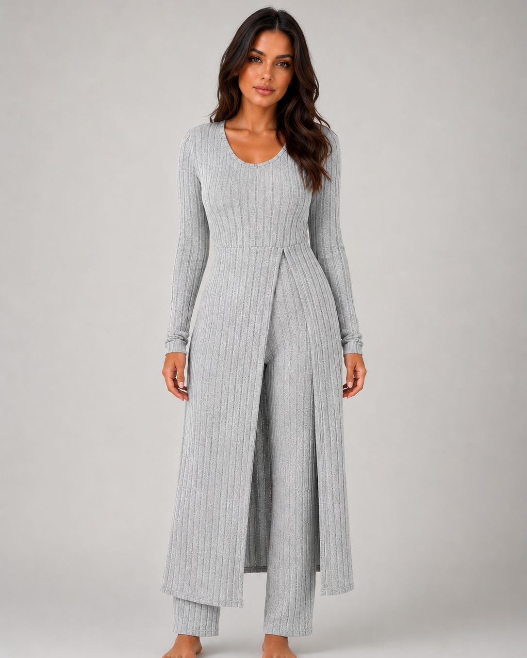 Completo Donna Lounge a Coste Top Sovrapposto e Leggings