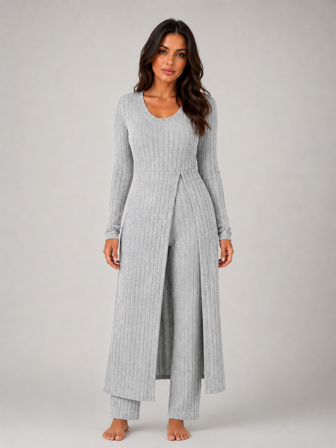 Completo Donna Lounge a Coste Top Sovrapposto e Leggings