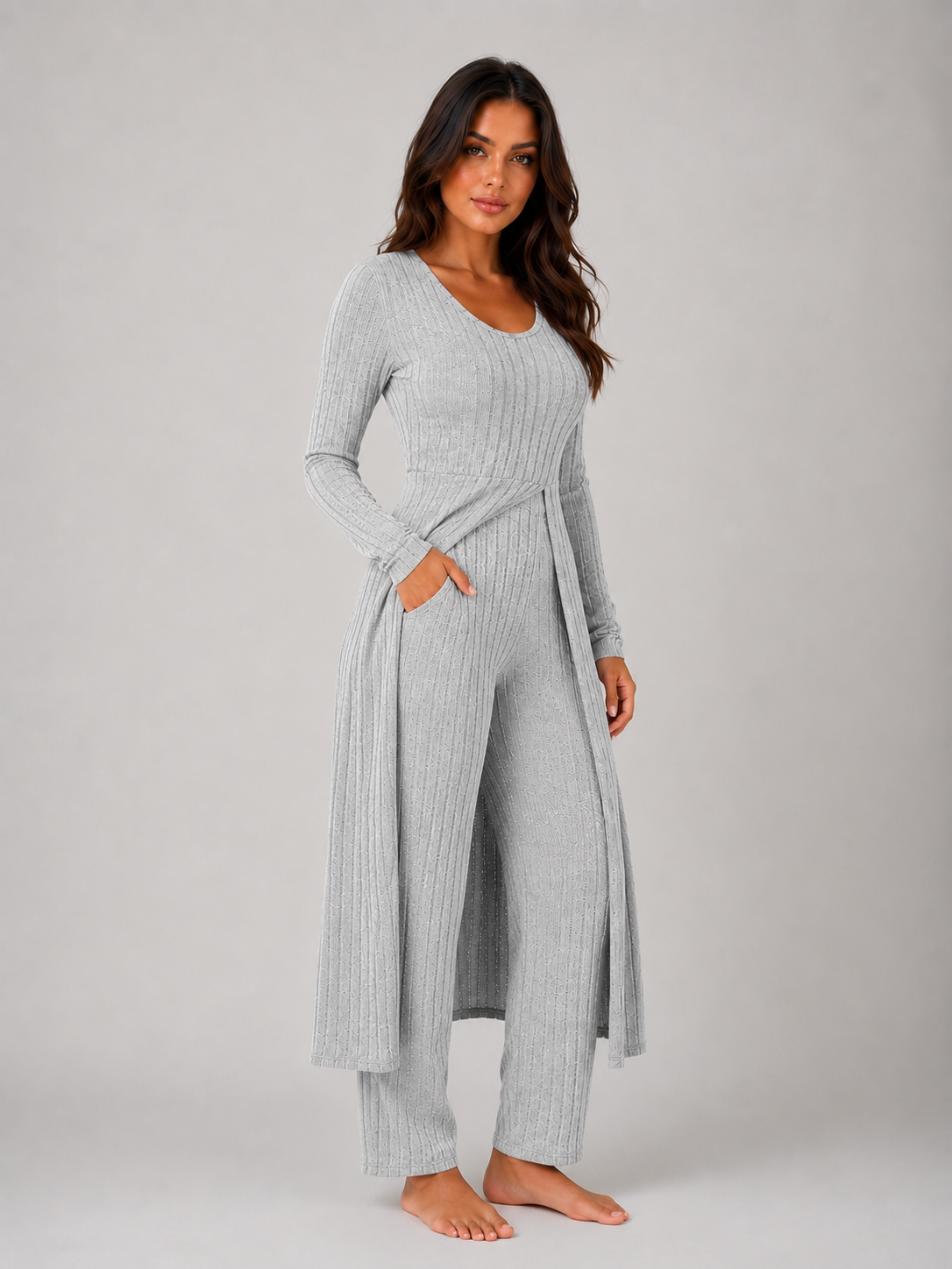 Completo Donna Lounge a Coste Top Sovrapposto e Leggings