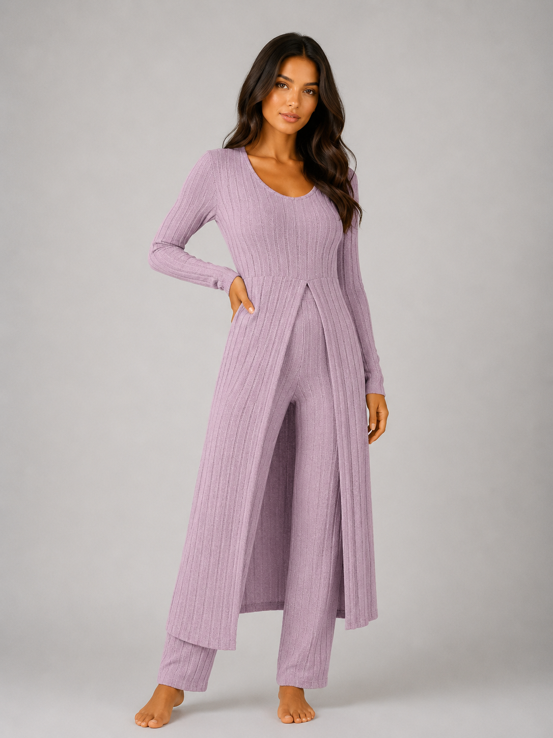 Completo Donna Lounge a Coste Top Sovrapposto e Leggings