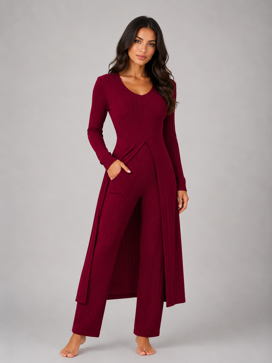 Completo Donna Lounge a Coste Top Sovrapposto e Leggings
