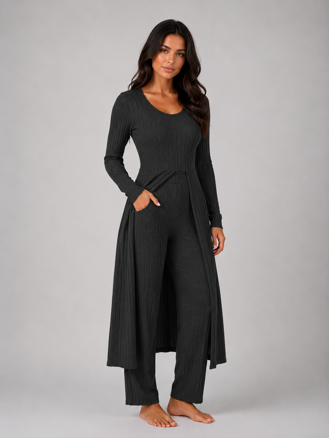 Completo Donna Lounge a Coste Top Sovrapposto e Leggings