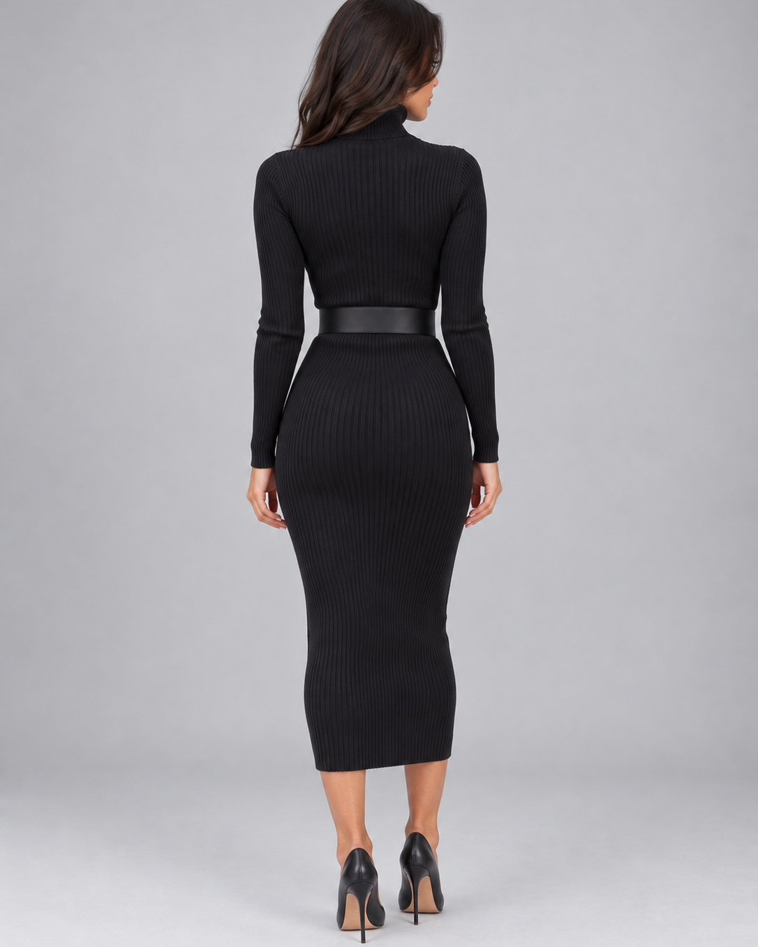 Abito Midi Donna in Maglia Aderente Dolcevita e Cintura