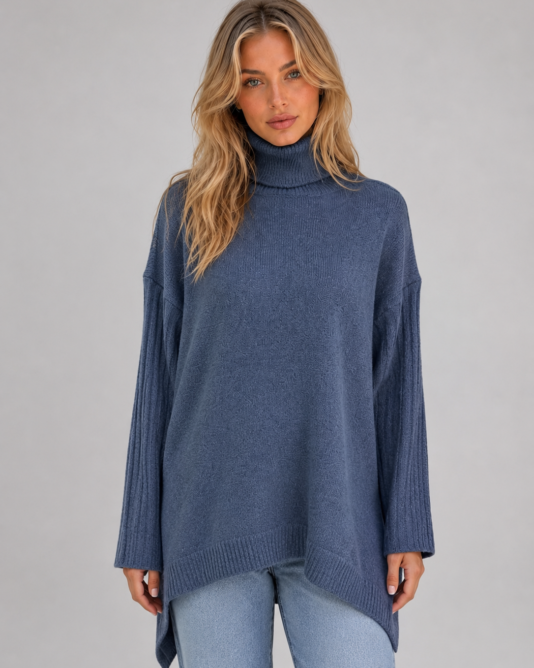 Maglione Donna Dolcevita Oversize Lungo Orlo Asimmetrico
