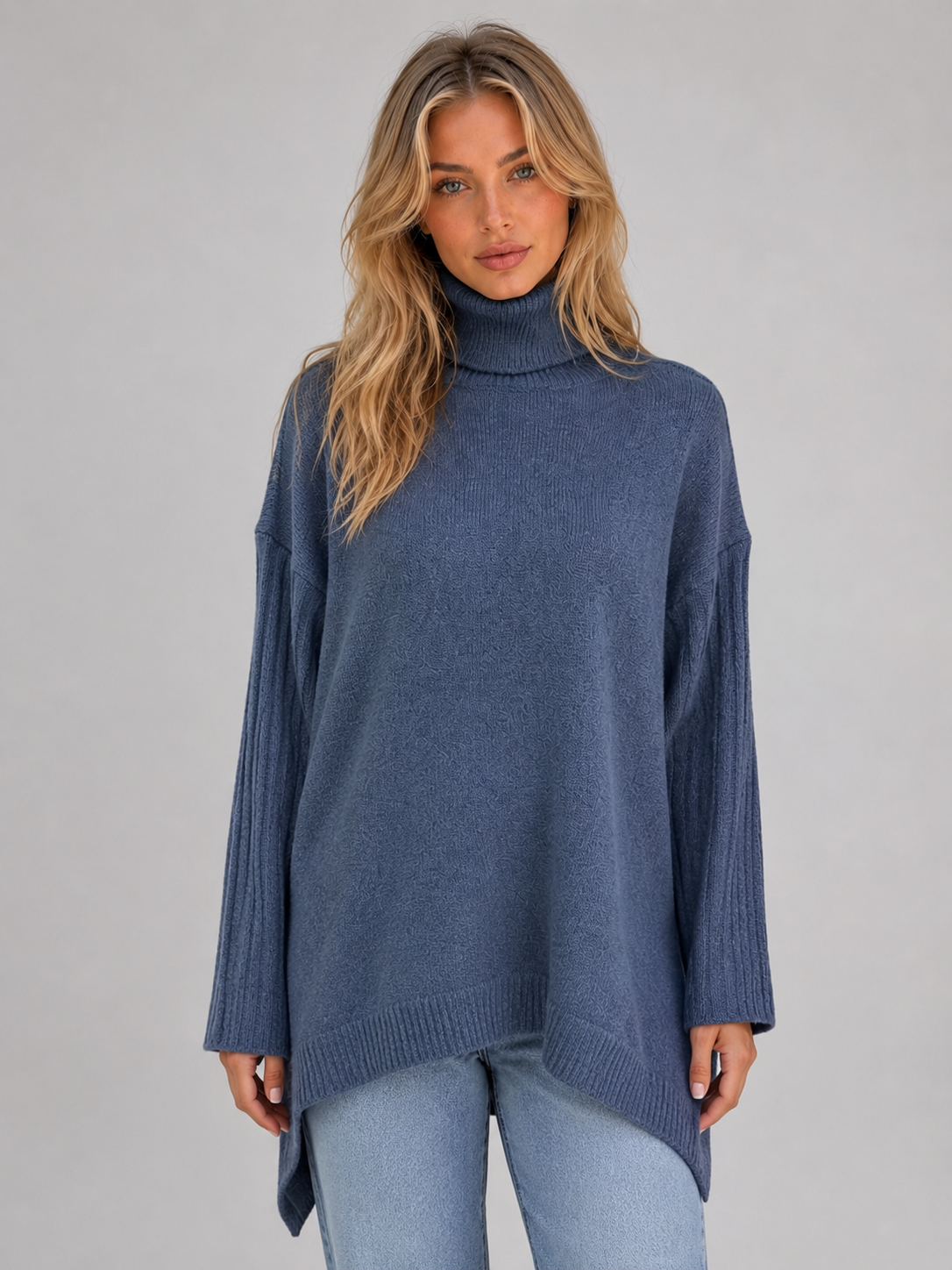 Maglione Donna Dolcevita Oversize Lungo Orlo Asimmetrico