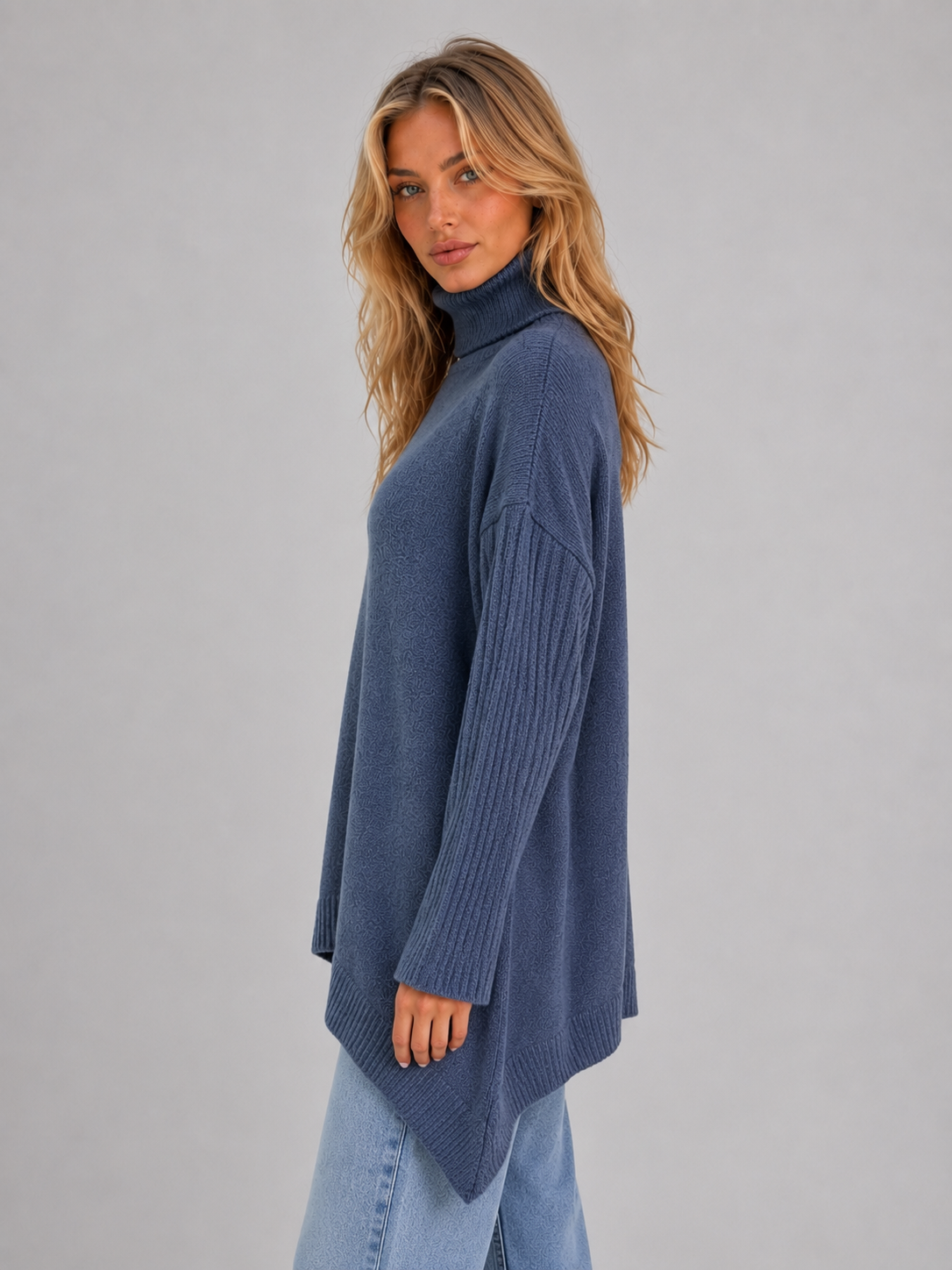 Maglione Donna Dolcevita Oversize Lungo Orlo Asimmetrico