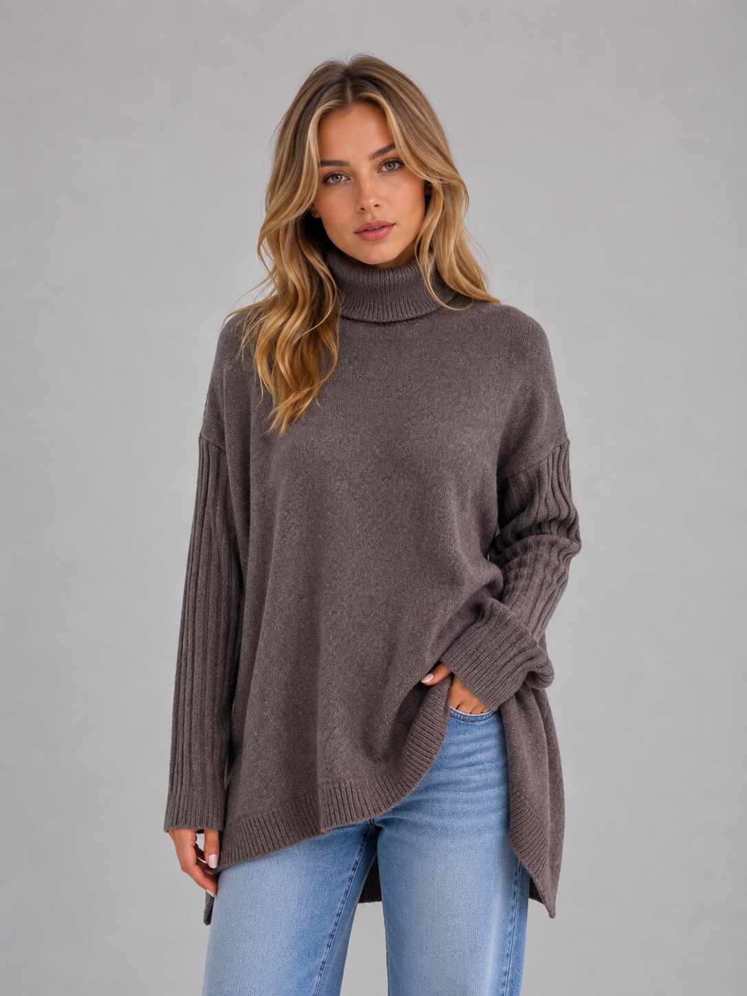 Maglione Donna Dolcevita Oversize Lungo Orlo Asimmetrico