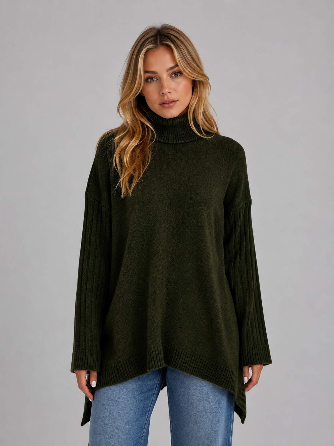 Maglione Donna Dolcevita Oversize Lungo Orlo Asimmetrico