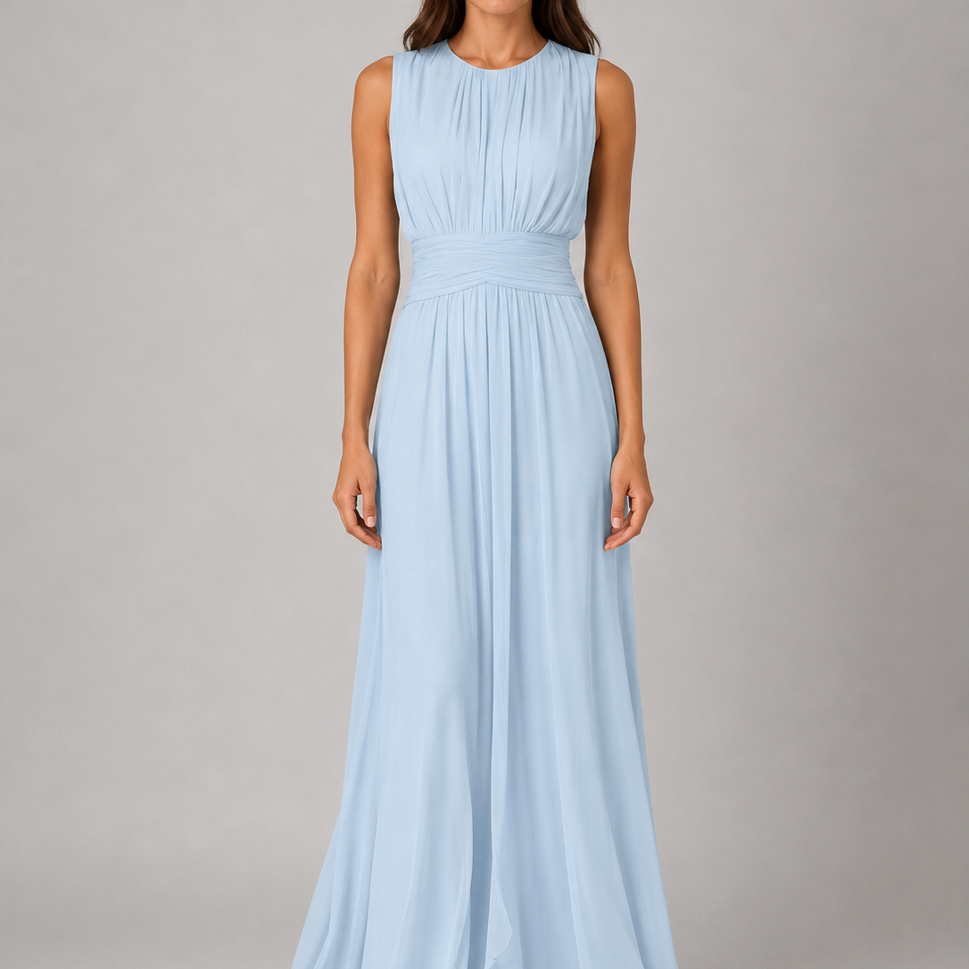 Abito Lungo Donna in Chiffon Arricciato Collo Alto Fluido
