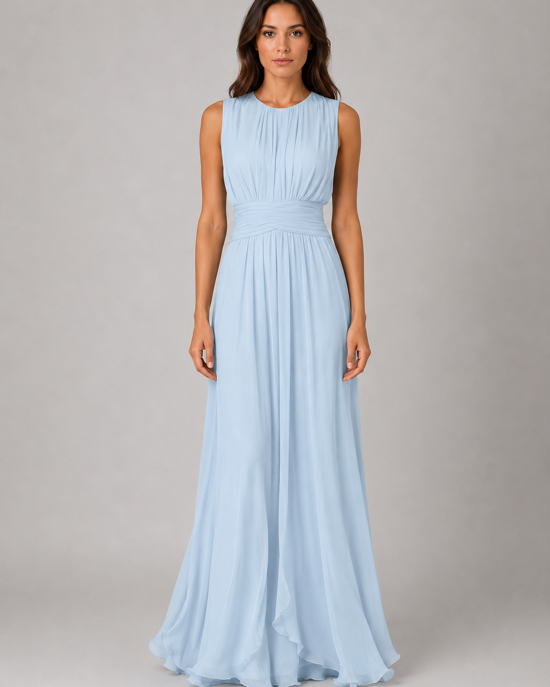 Abito Lungo Donna in Chiffon Arricciato Collo Alto Fluido