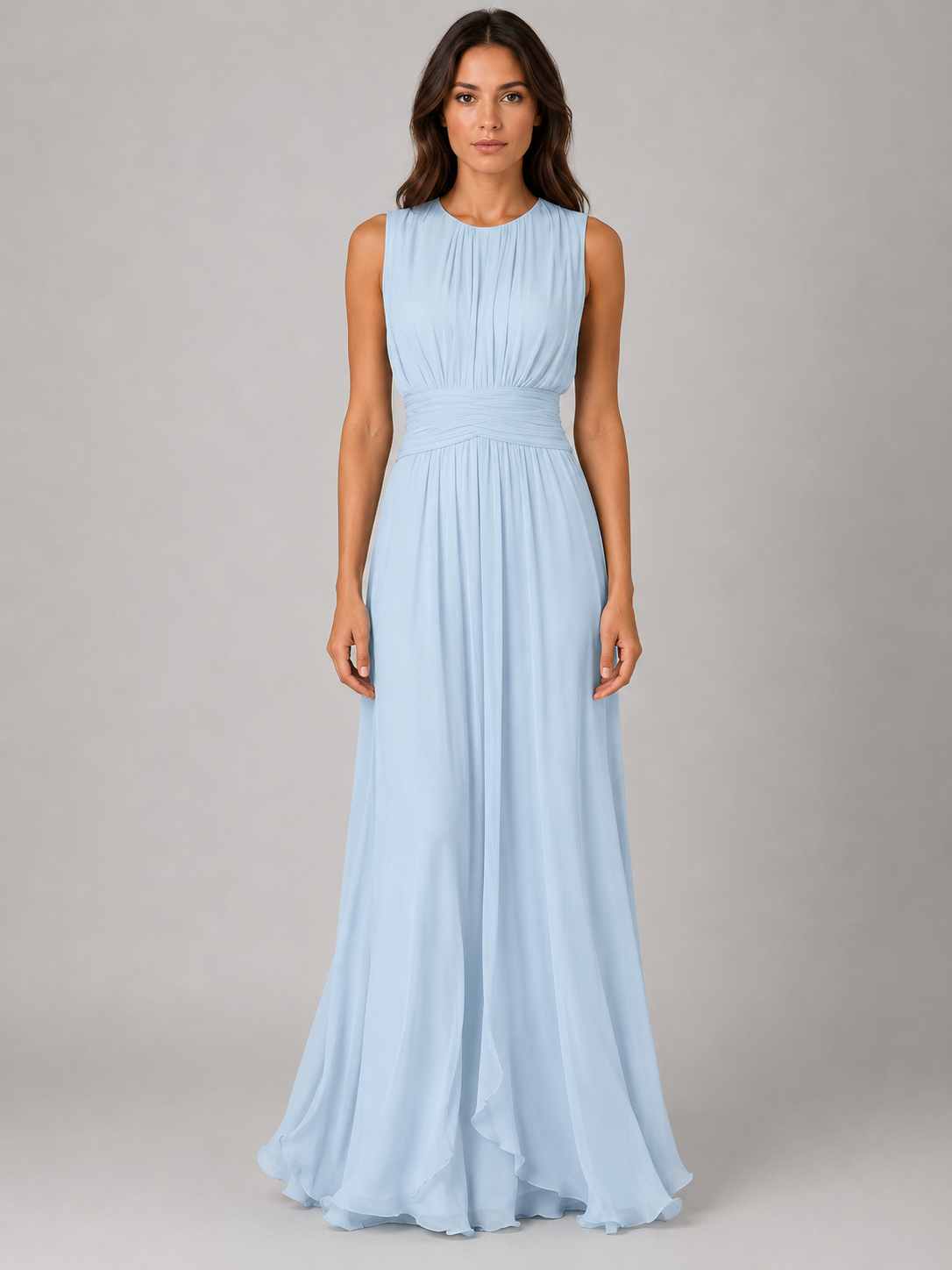Abito Lungo Donna in Chiffon Arricciato Collo Alto Fluido
