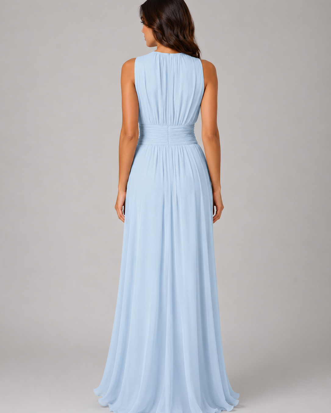 Abito Lungo Donna in Chiffon Arricciato Collo Alto Fluido
