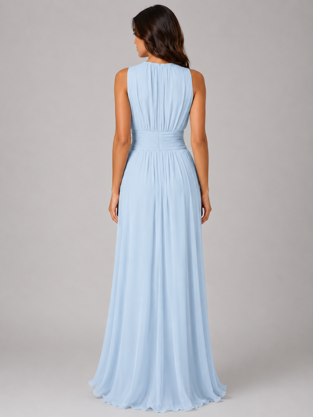 Abito Lungo Donna in Chiffon Arricciato Collo Alto Fluido