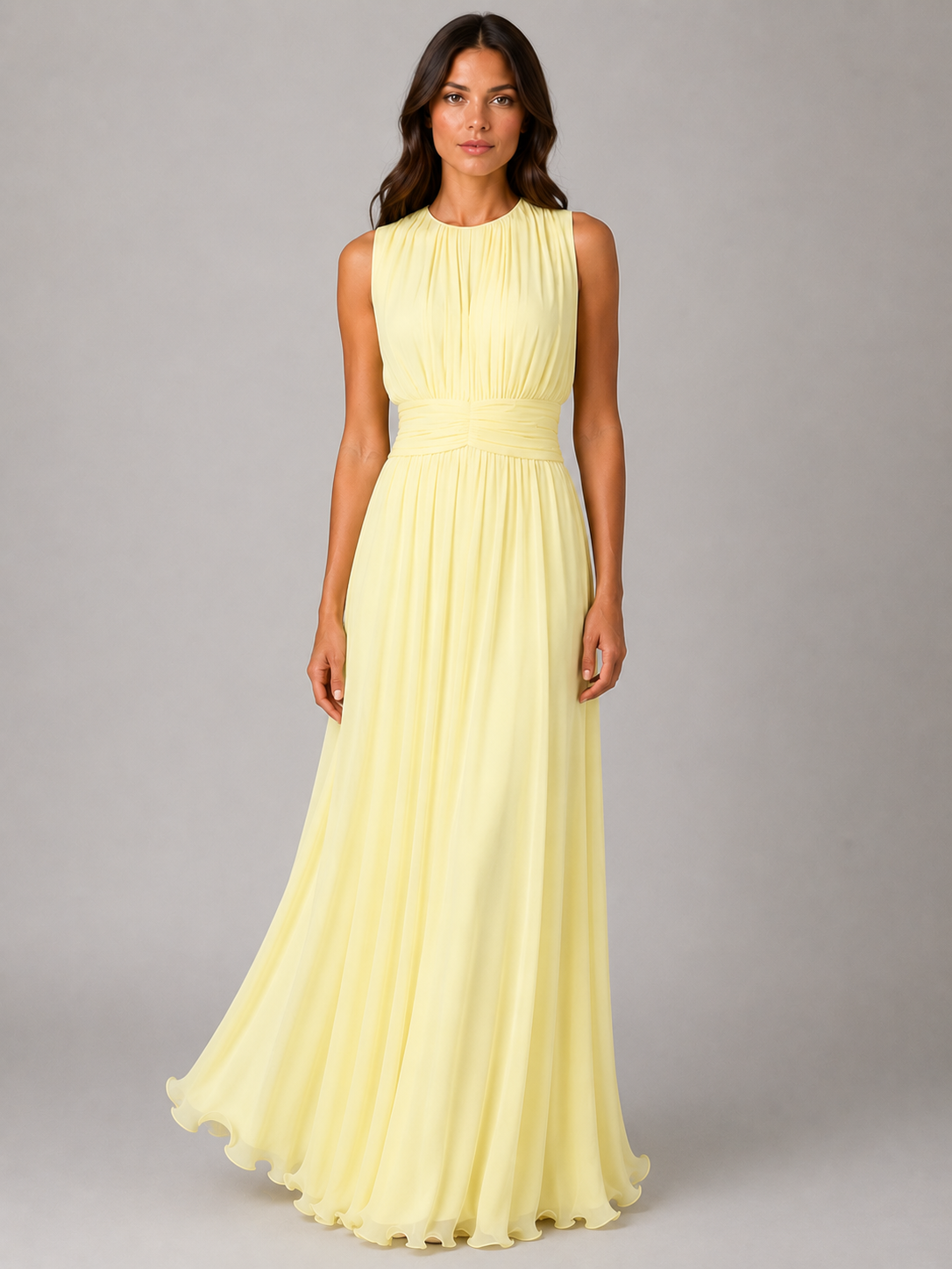 Abito Lungo Donna in Chiffon Arricciato Collo Alto Fluido
