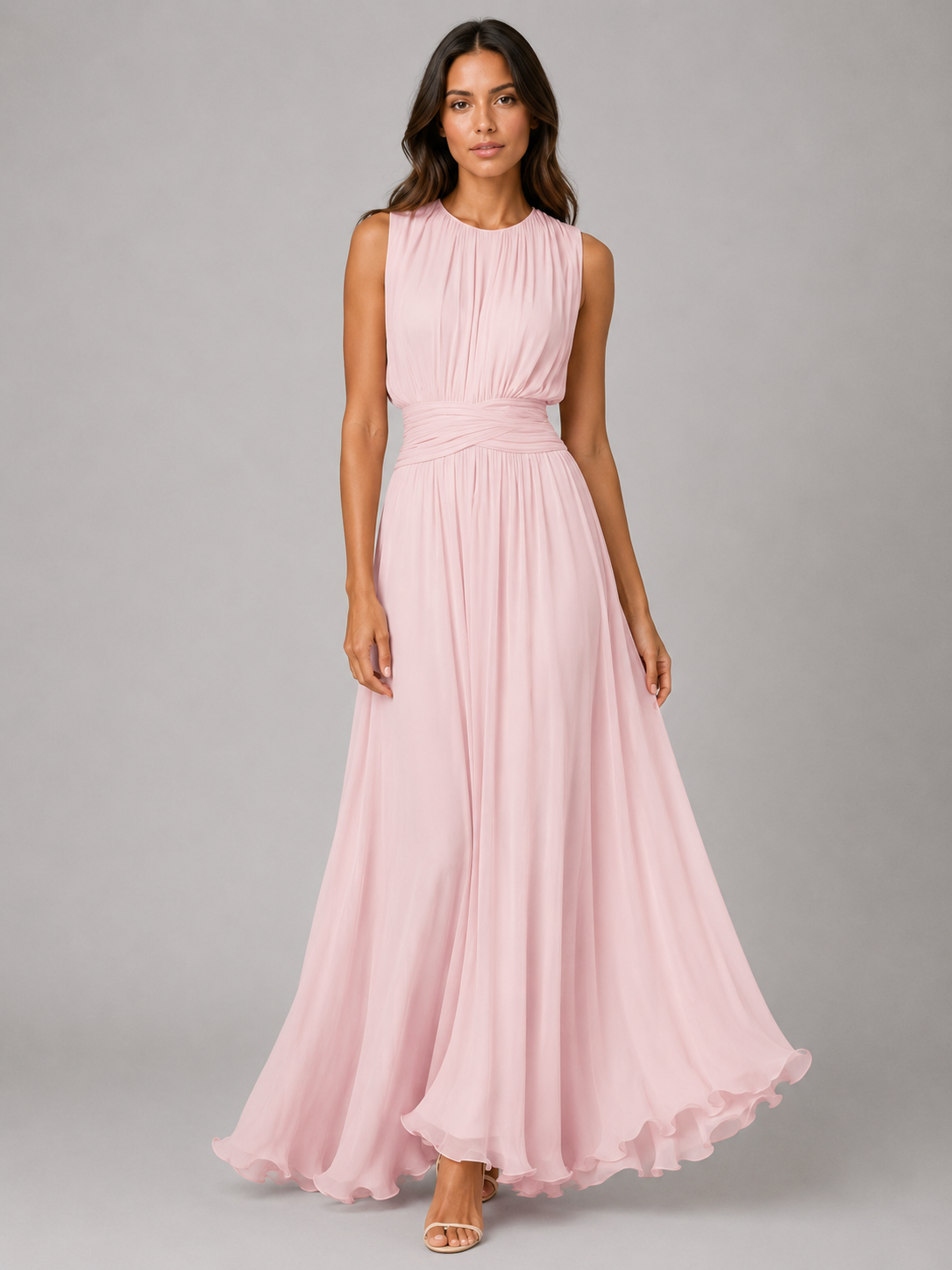 Abito Lungo Donna in Chiffon Arricciato Collo Alto Fluido