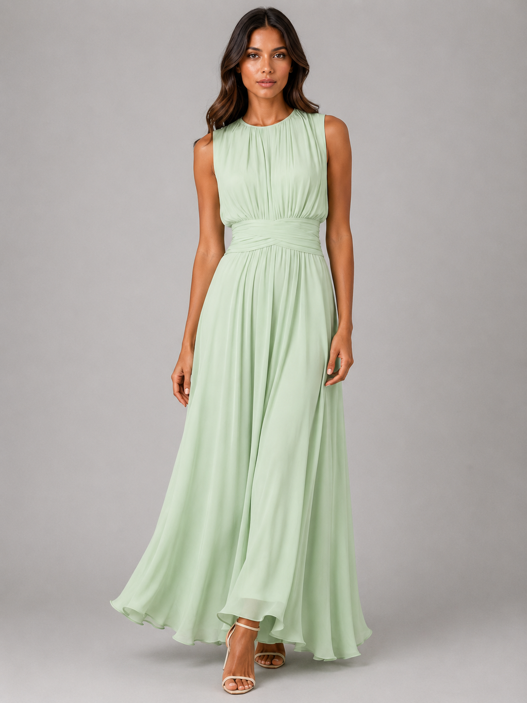 Abito Lungo Donna in Chiffon Arricciato Collo Alto Fluido