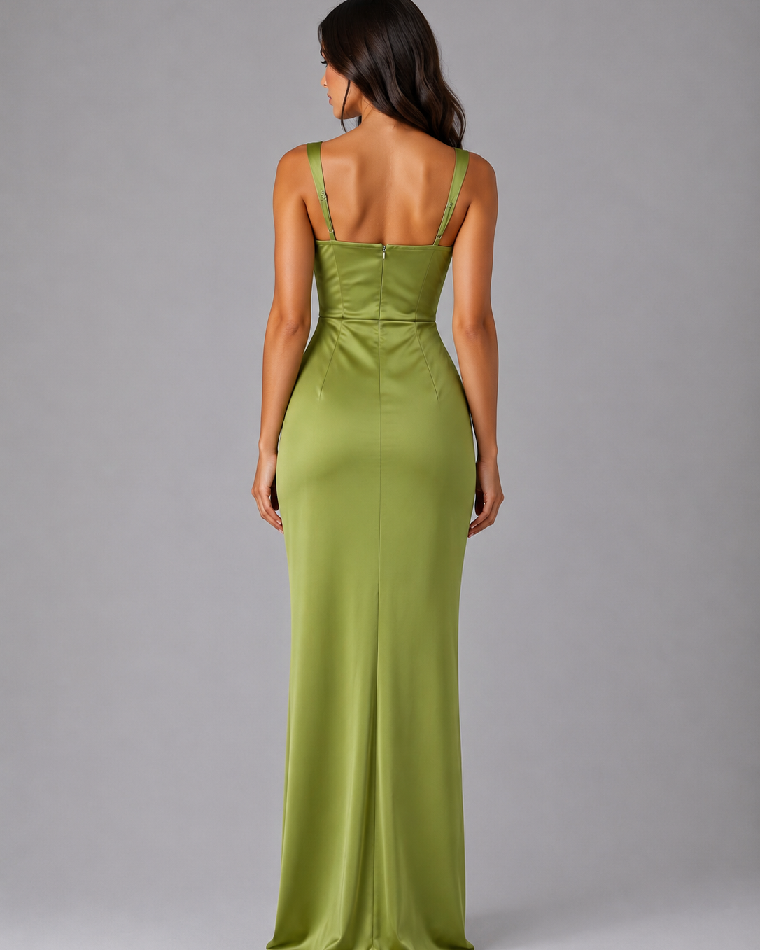 Abito Lungo Donna in Raso Vita Arricciata Verde Oliva Cerimonia