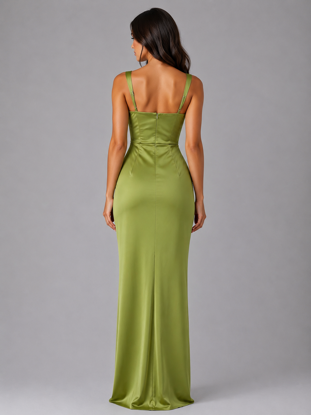 Abito Lungo Donna in Raso Vita Arricciata Verde Oliva Cerimonia