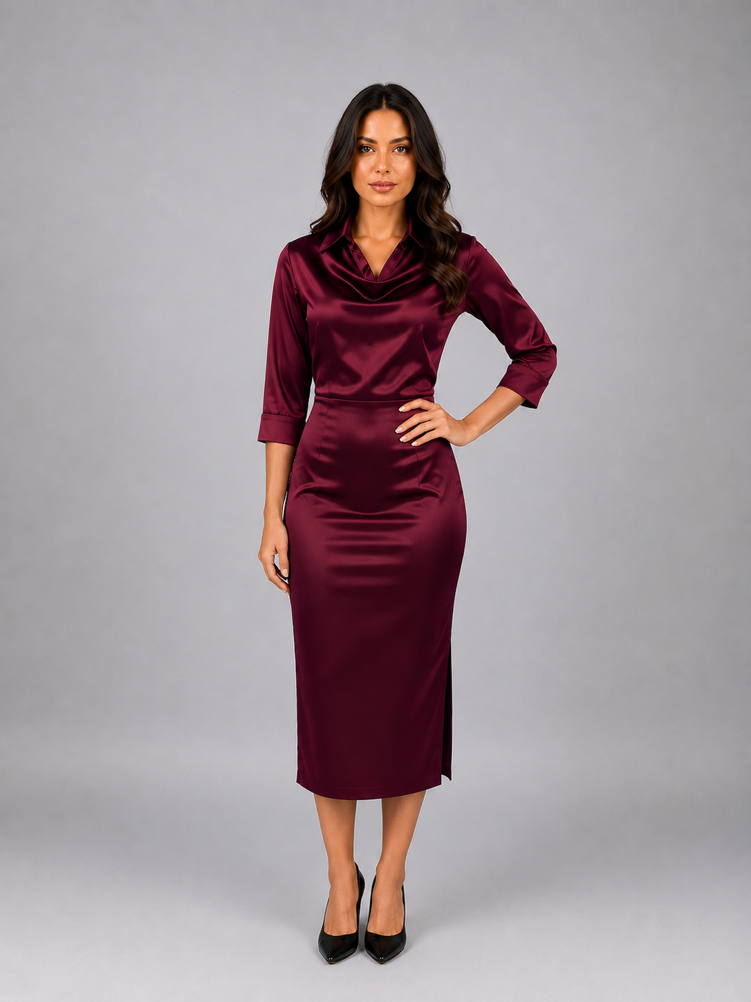 Abito Midi Donna Effetto Raso Scollo a Cappuccio Elegante