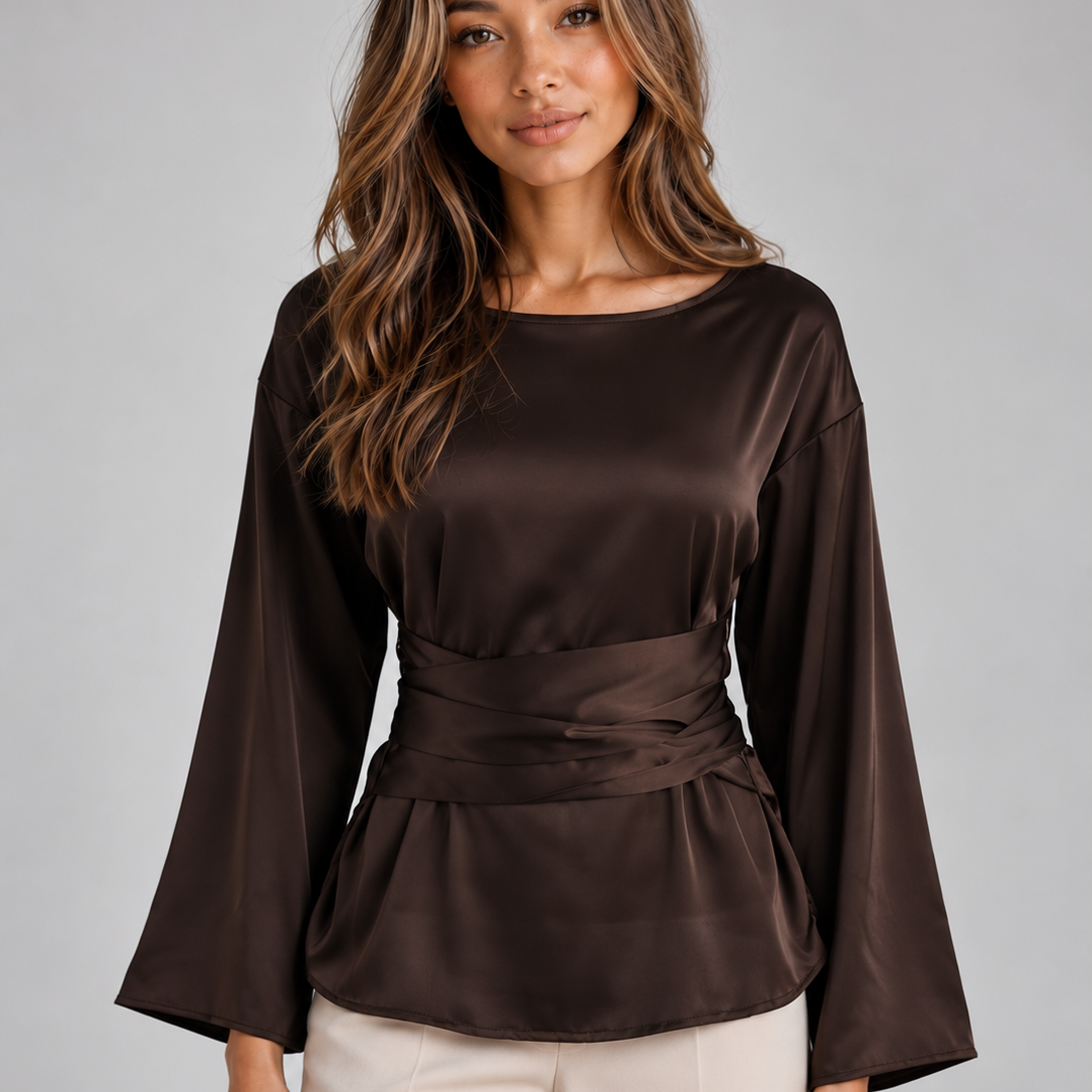Blusa Donna Effetto Raso con Cintura Maniche Lunghe da Sera