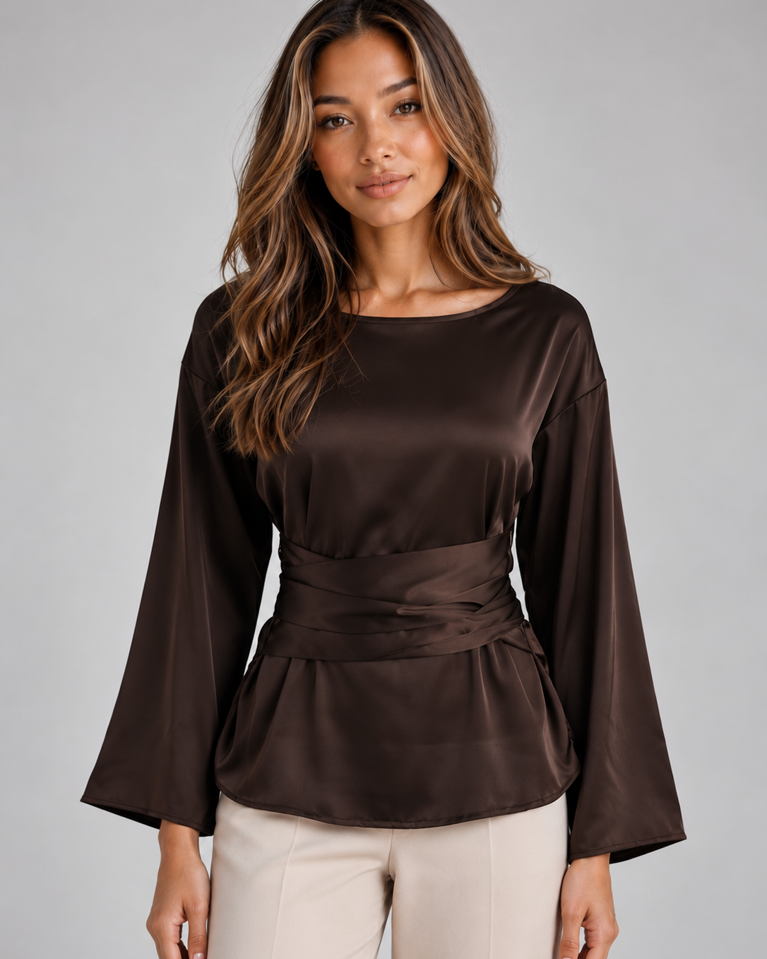 Blusa Donna Effetto Raso con Cintura Maniche Lunghe da Sera