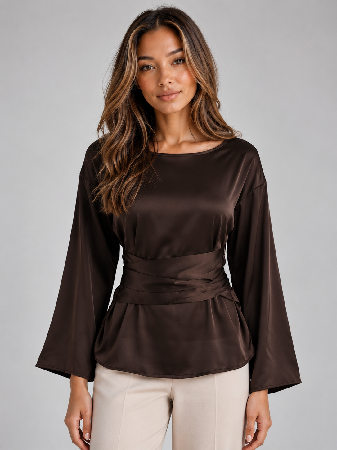Blusa Donna Effetto Raso con Cintura Maniche Lunghe da Sera
