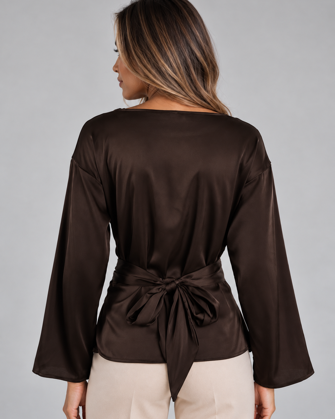 Blusa Donna Effetto Raso con Cintura Maniche Lunghe da Sera