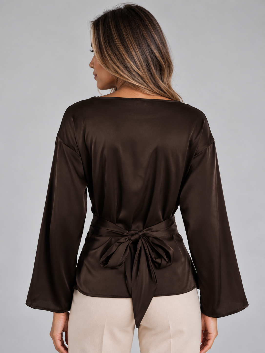 Blusa Donna Effetto Raso con Cintura Maniche Lunghe da Sera
